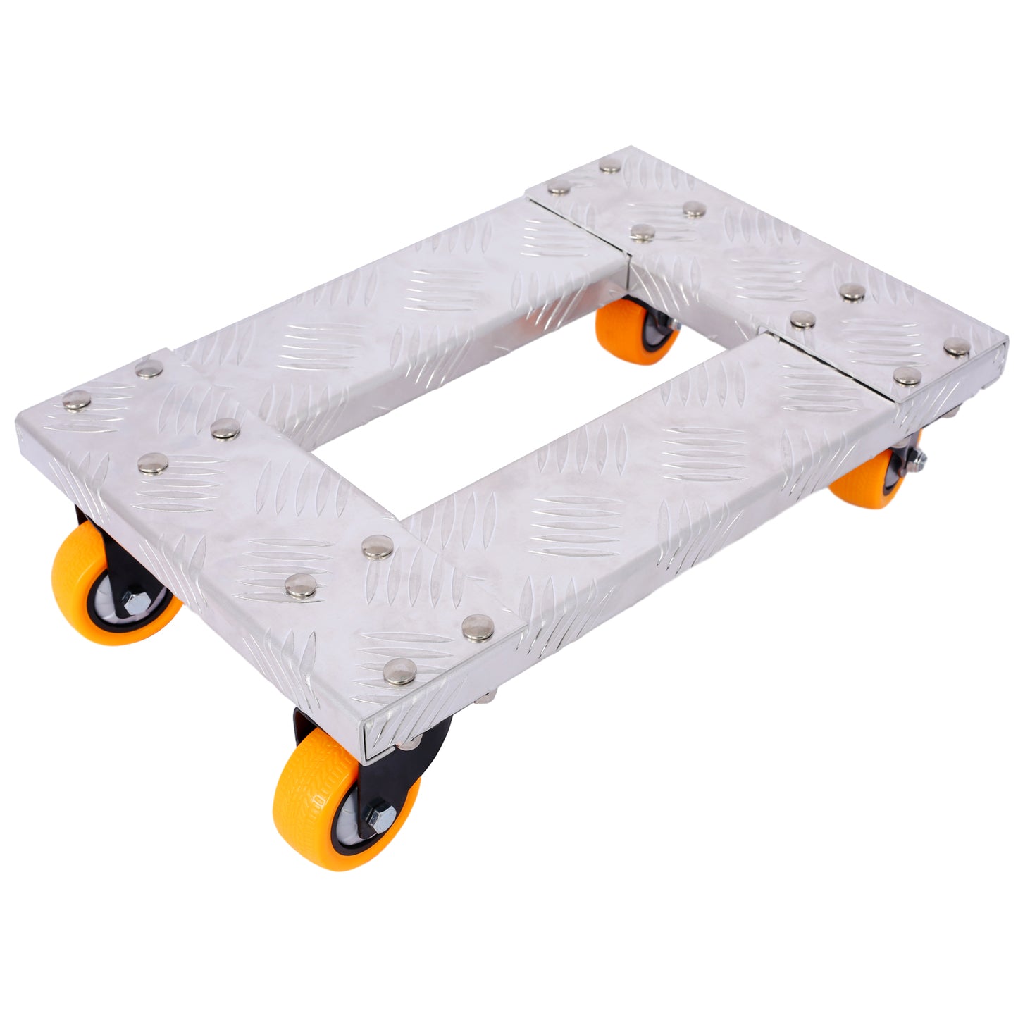 Heavyduty silver aluminum dolly with orange wheels for moving furniture