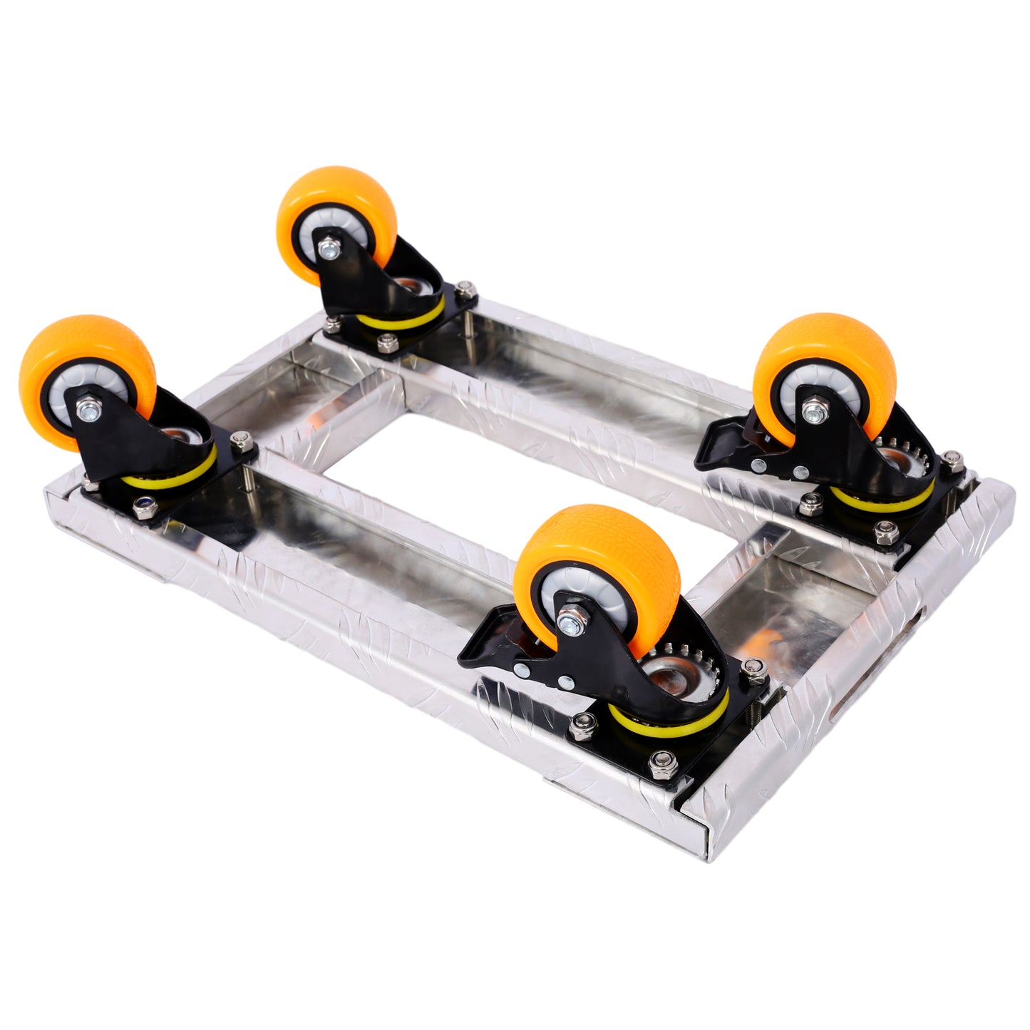 Heavyduty furniture dolly with four orange swivel casters and a silver diamond plate base for easy moving