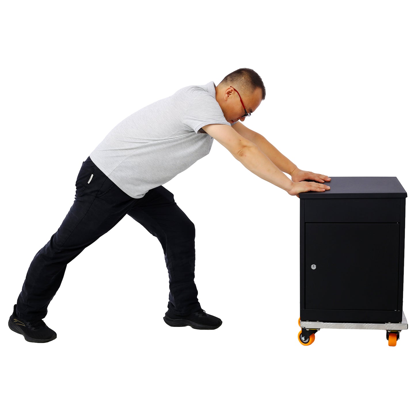 Black metal rolling cabinet with one door and a lock being pushed by a man