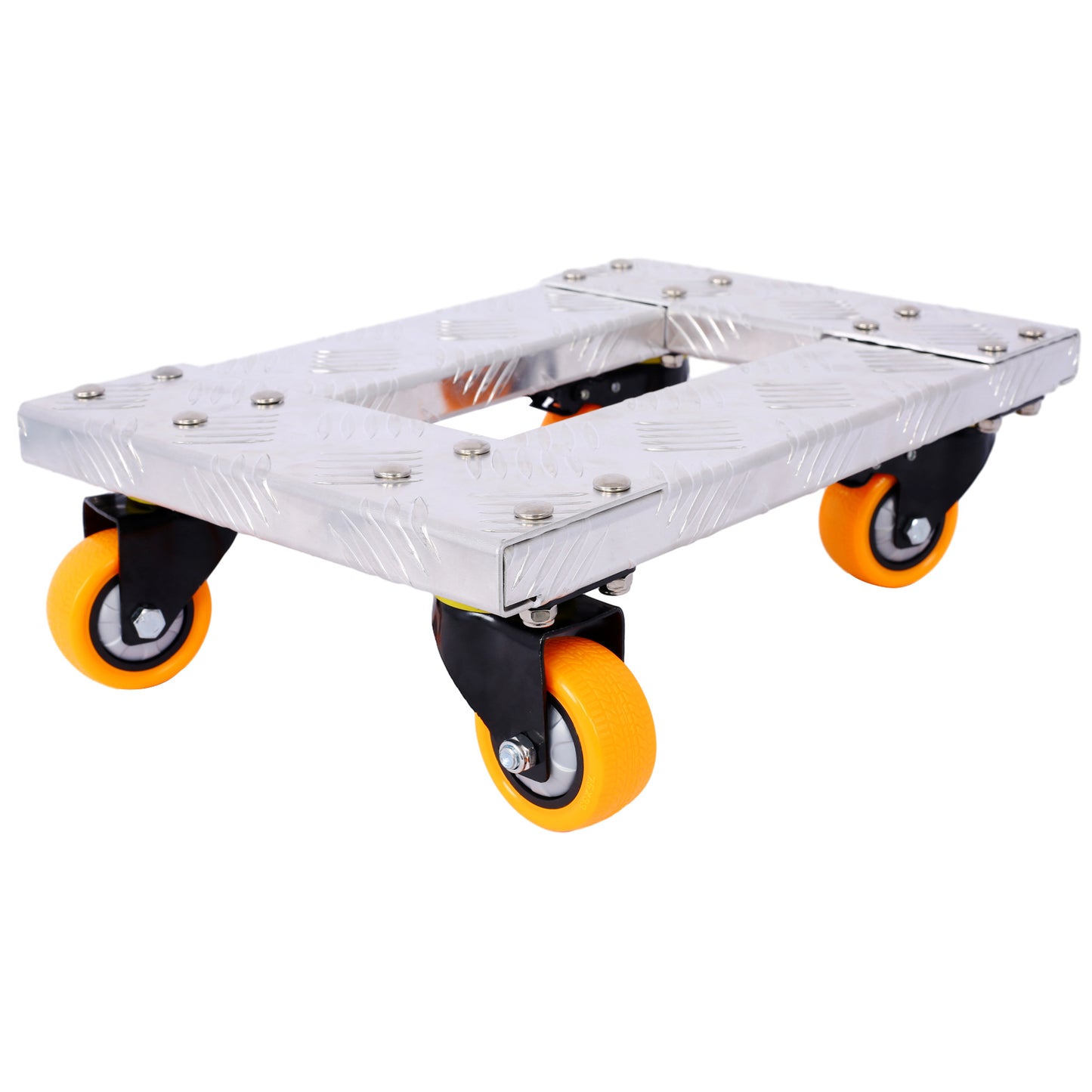 Heavyduty aluminum dolly with four orange swivel casters for easy furniture moving
