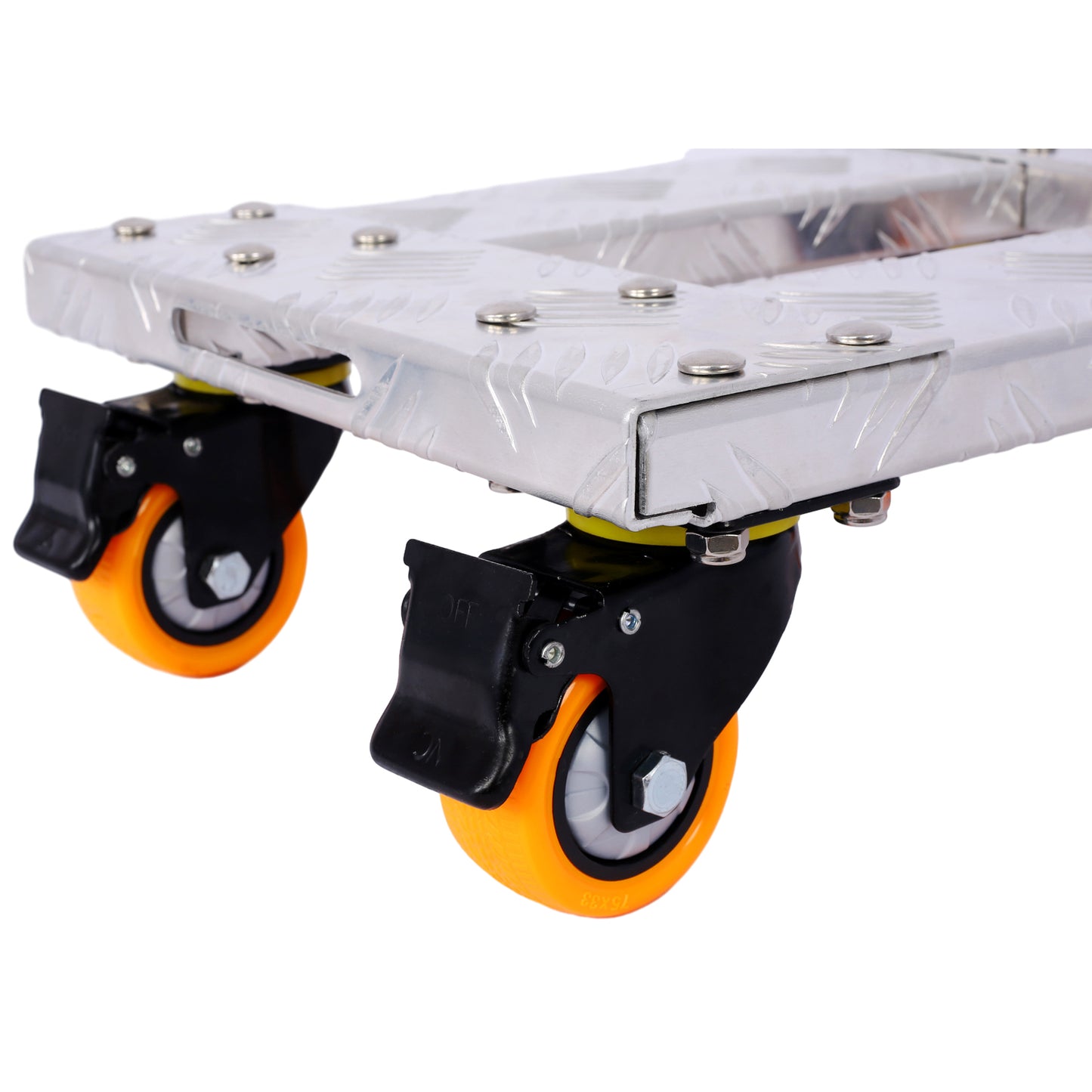 Aluminum dolly with orange swivel casters and brakes for heavy duty moving