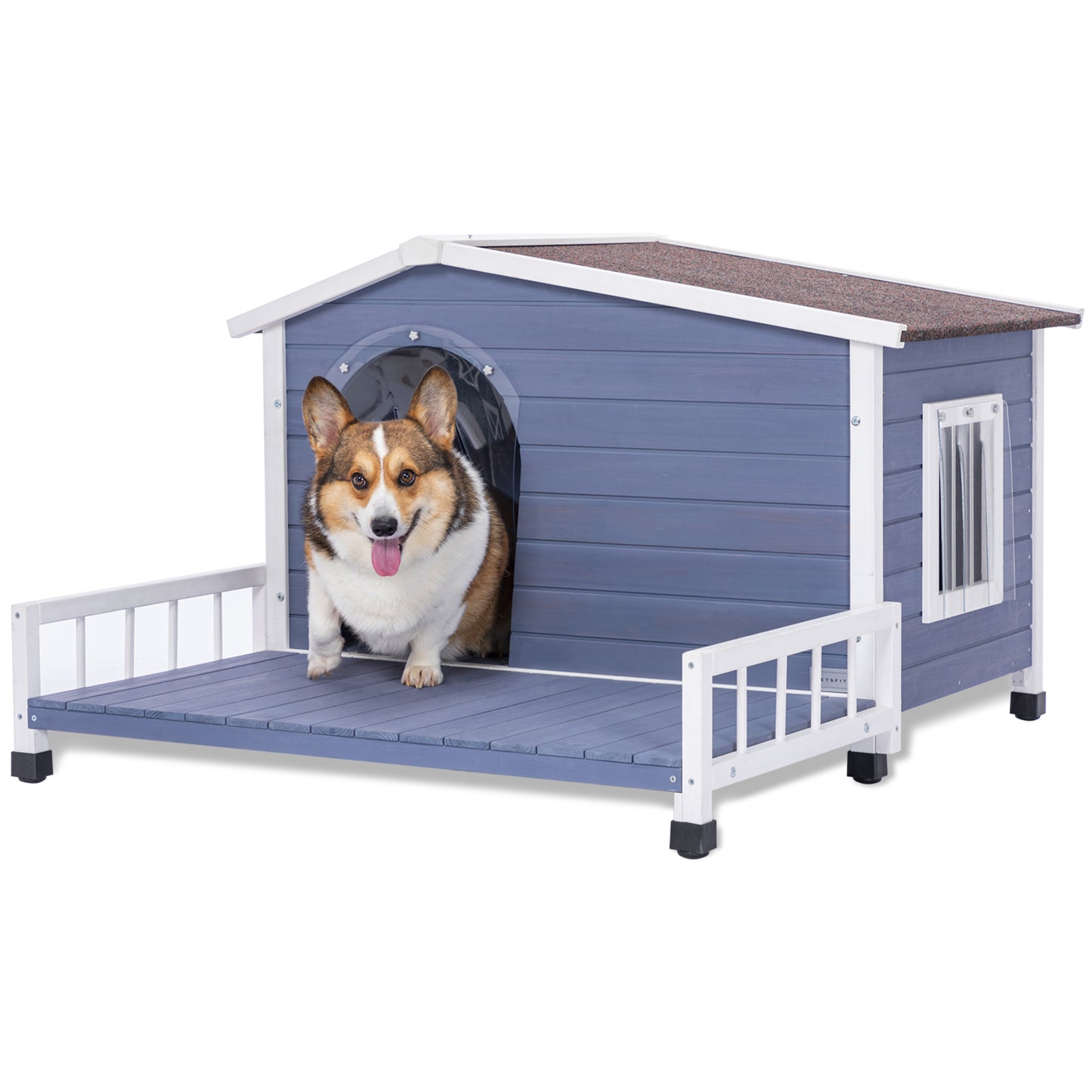 Gray wooden dog house with attached porch and a happy Corgi peeking out
