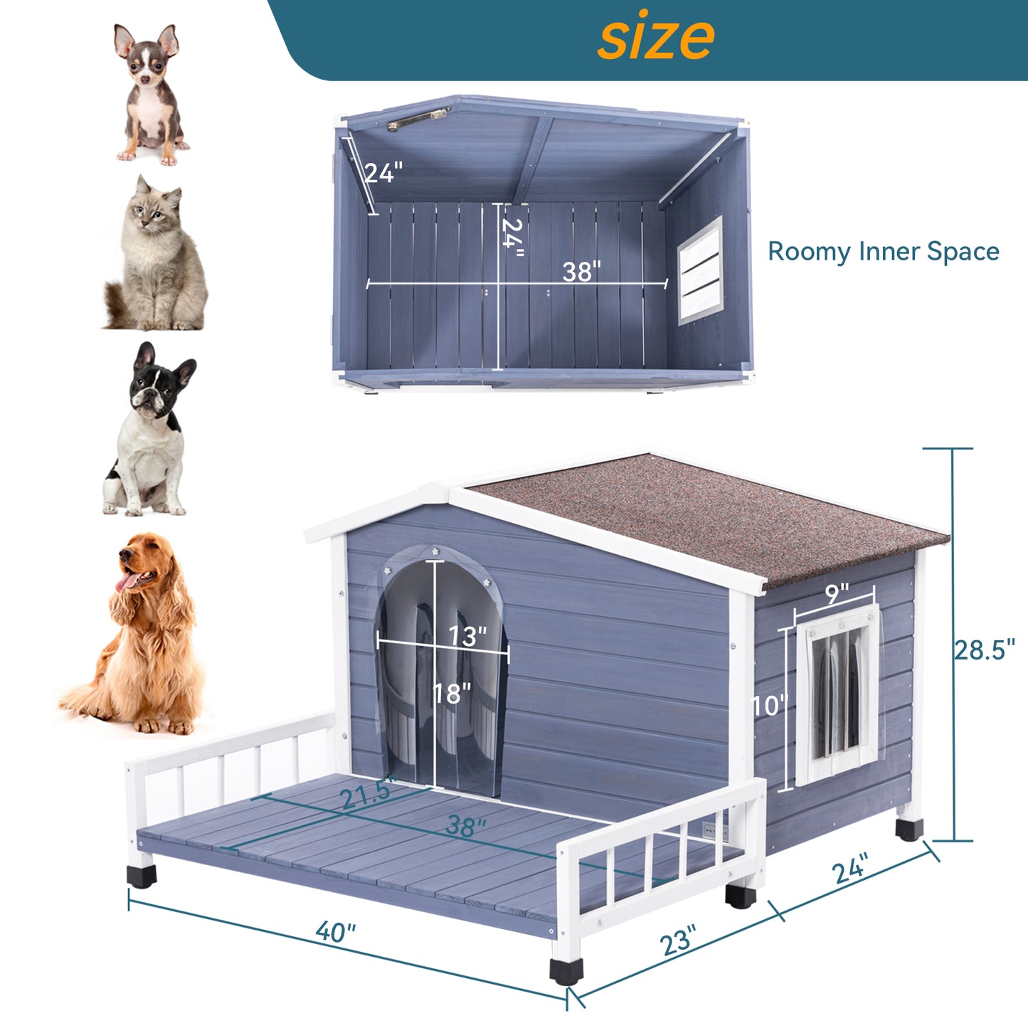 Blue wooden dog house with attached porch interior dimensions xx
