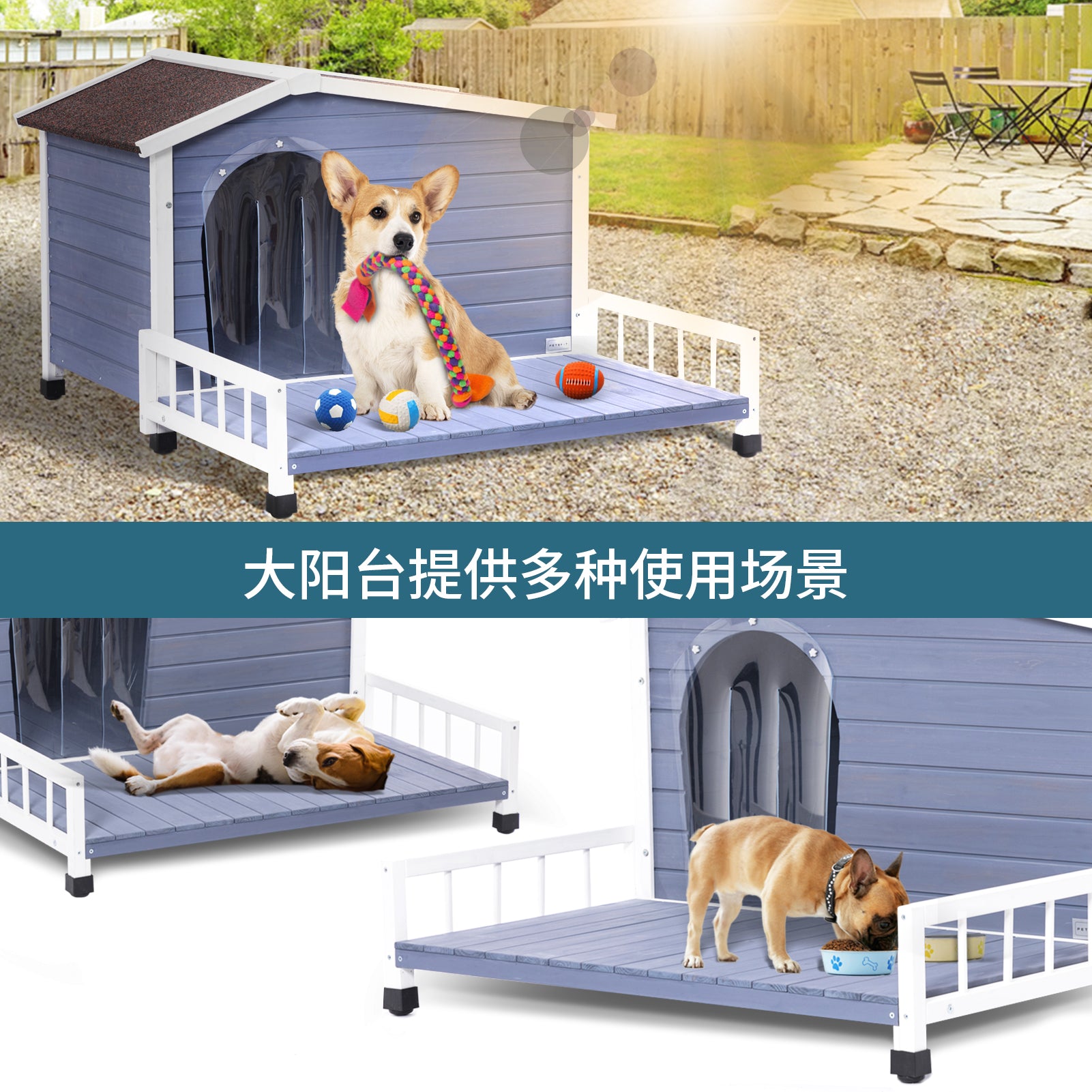 Blue wooden dog house with porch and a Corgi holding a chew toy