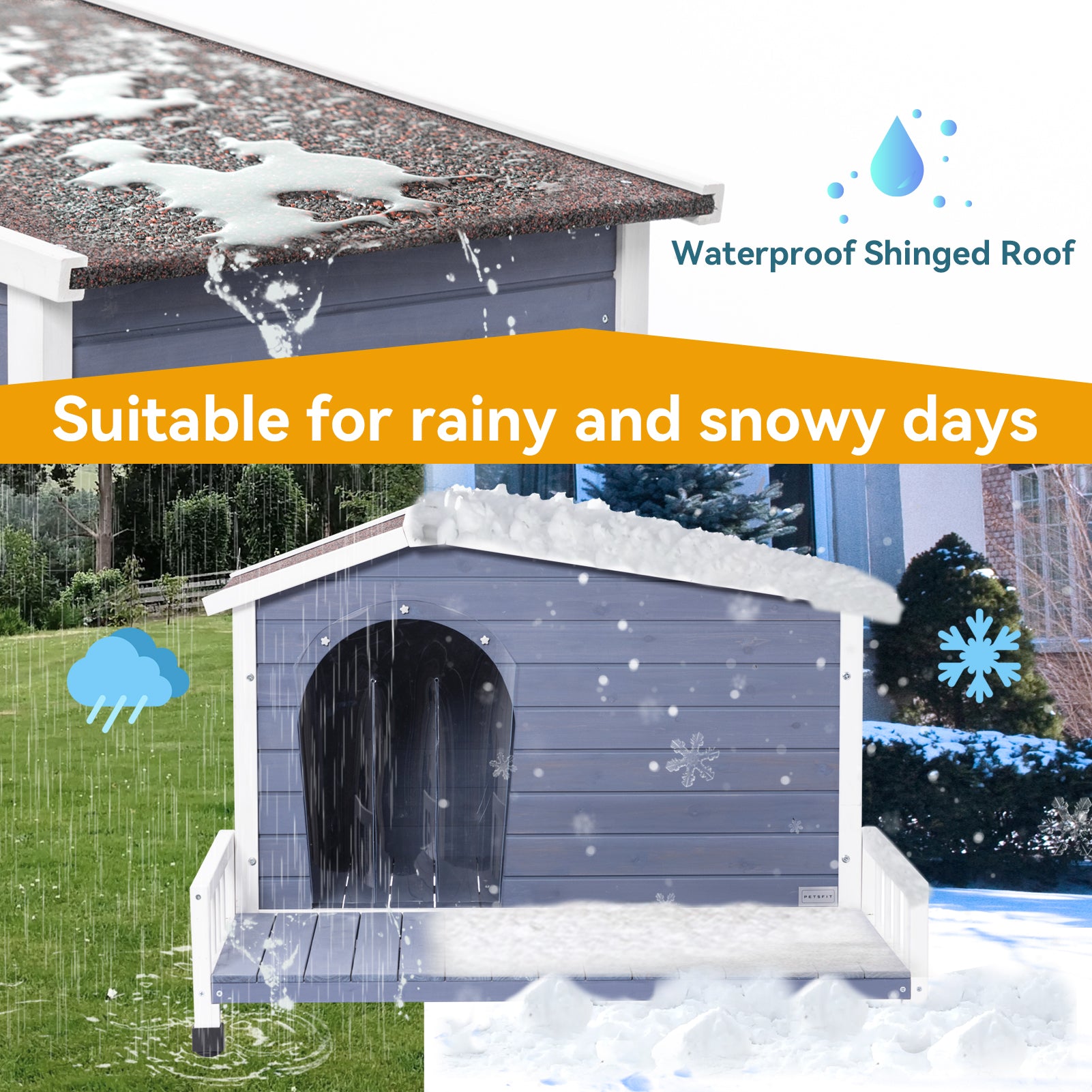 Gray wooden dog house with a waterproof shingled roof suitable for all weather