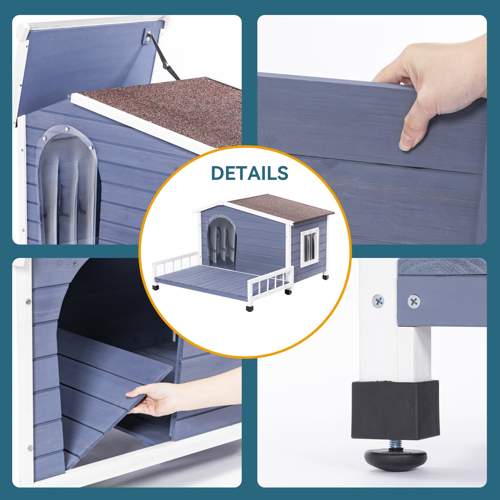 Blue wooden dog house with hinged roof and deck for small pets
