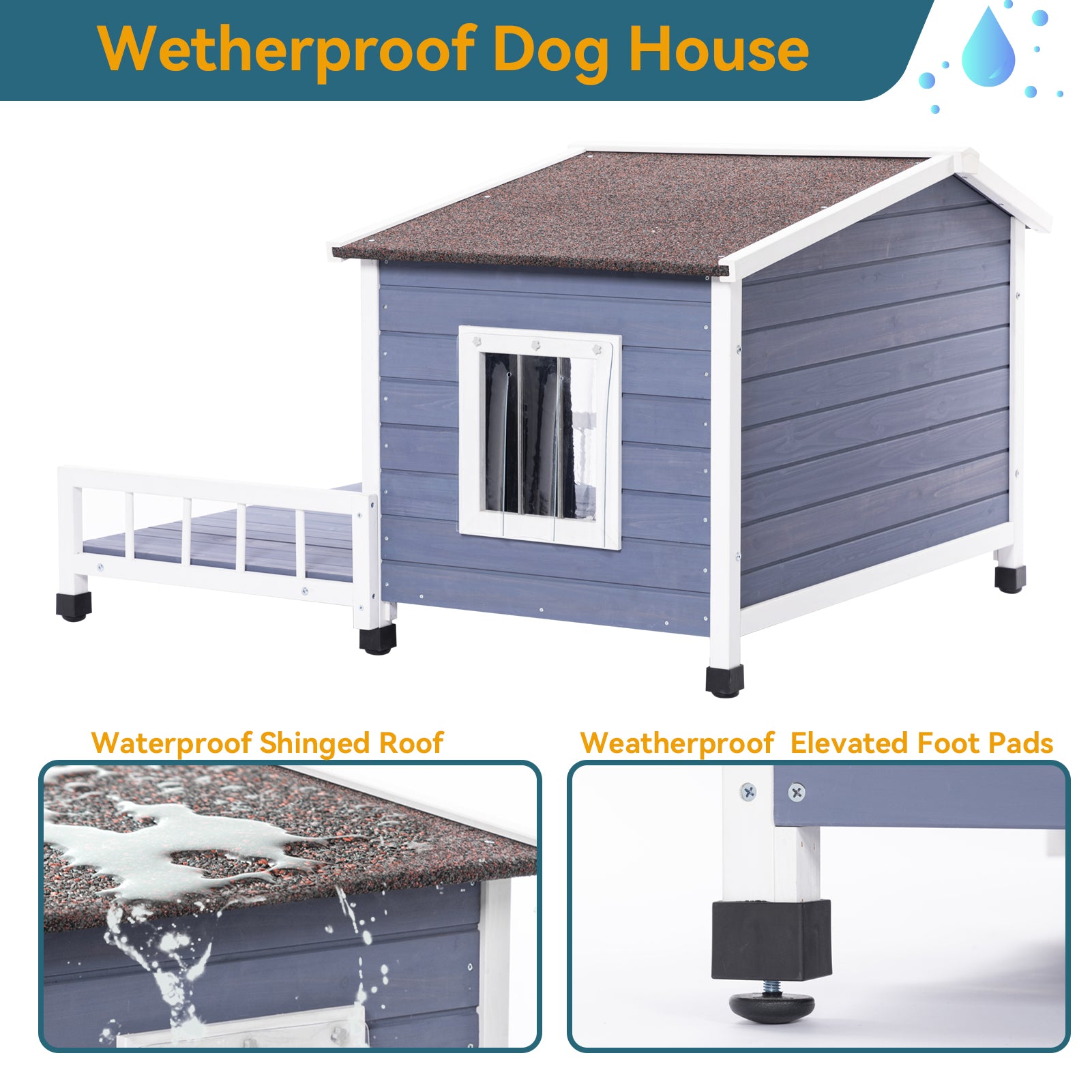 Blue wooden dog house with attached porch and clear door flap