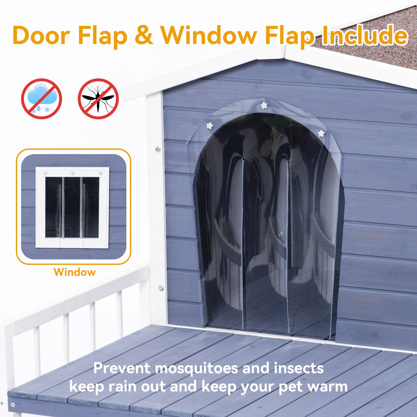 Gray wooden dog house with adjustable clear rain flap for outdoor use