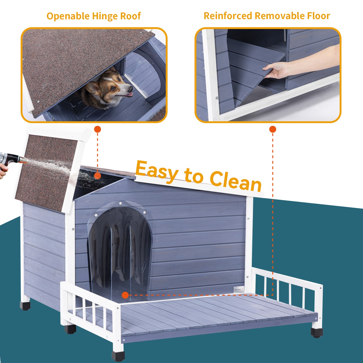 Gray wooden dog house with openable roof removable floor and porch