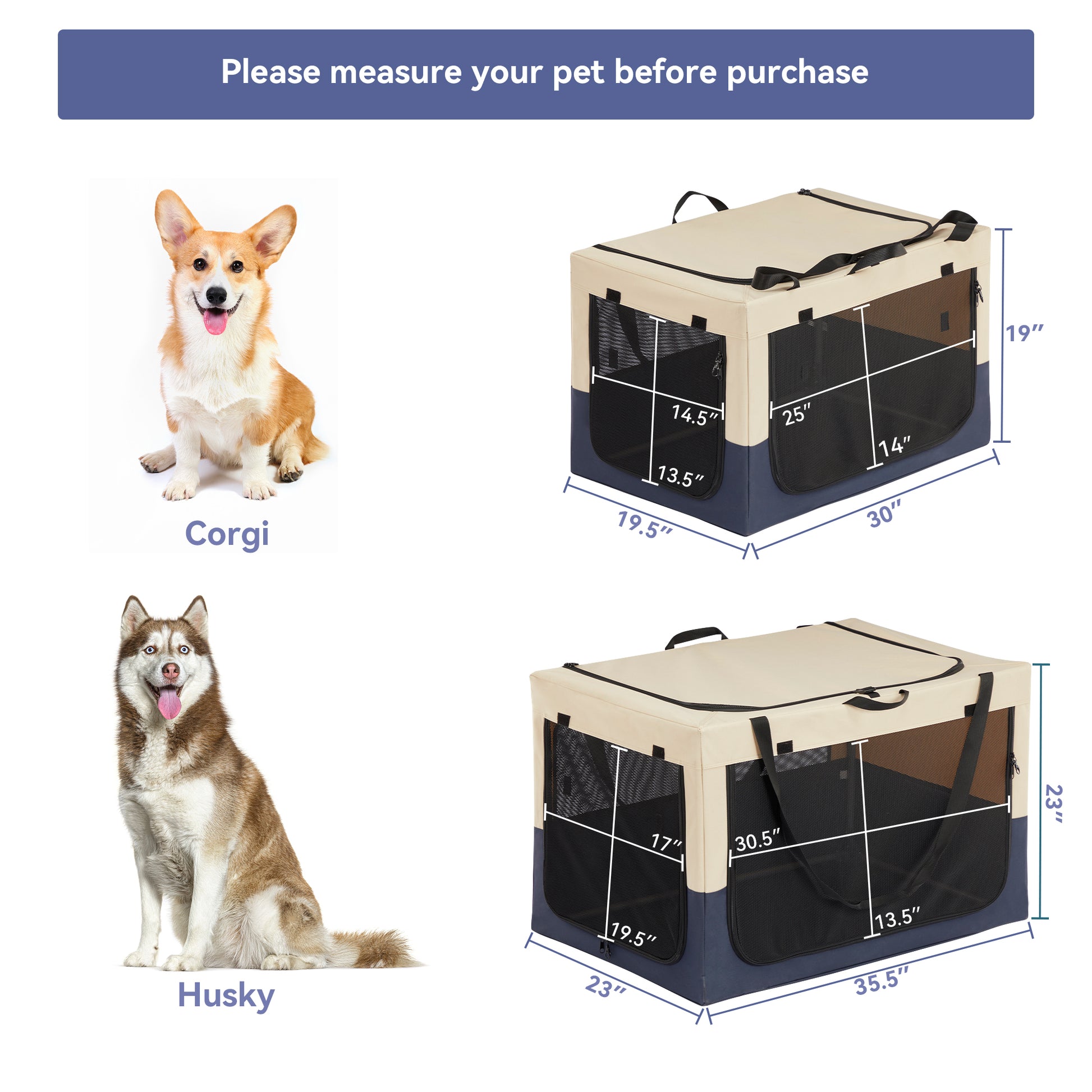 Beige and navy portable pet carrier with mesh windows dimensions xx inches