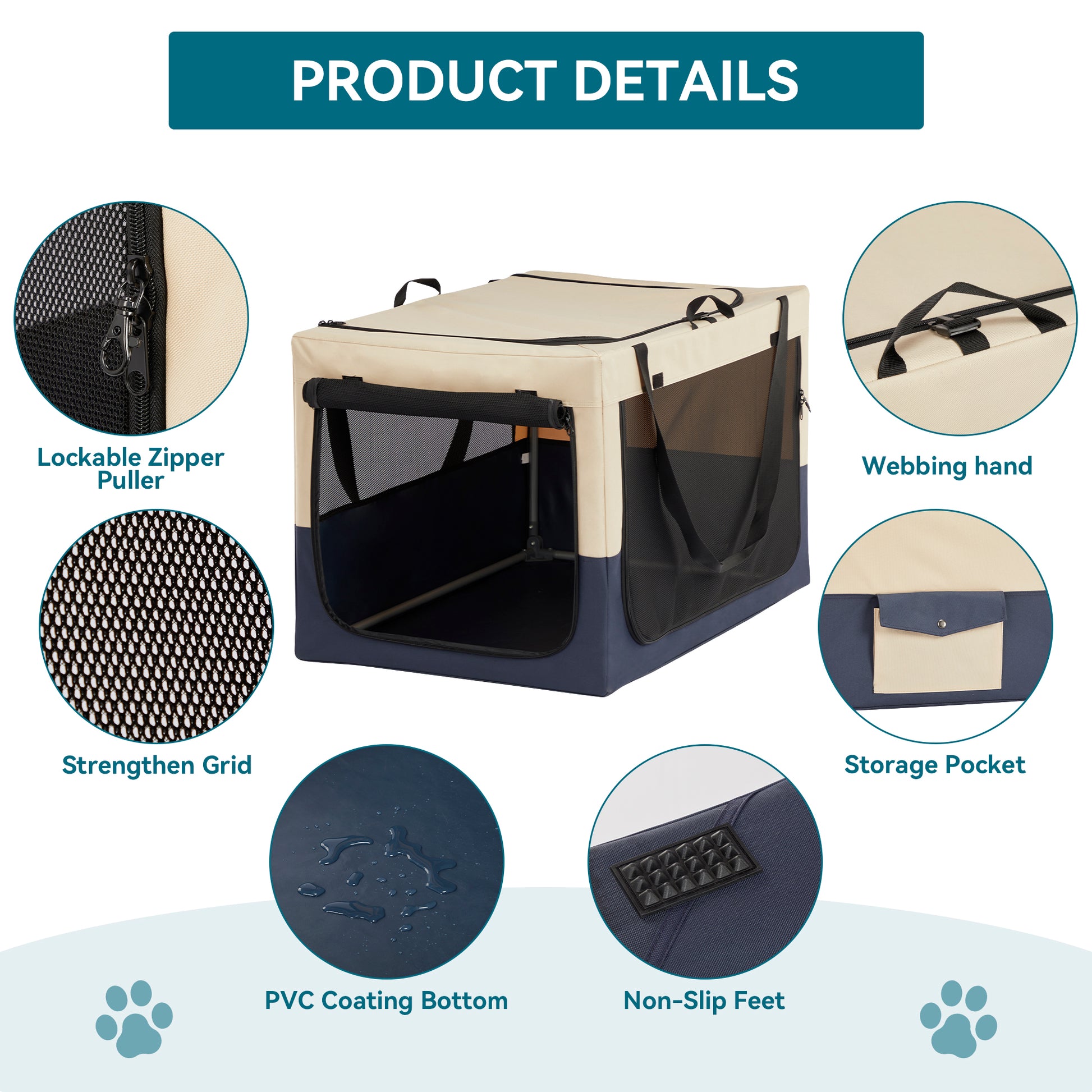 Twotone beige and navy softsided dog crate with mesh windows and zippered front door