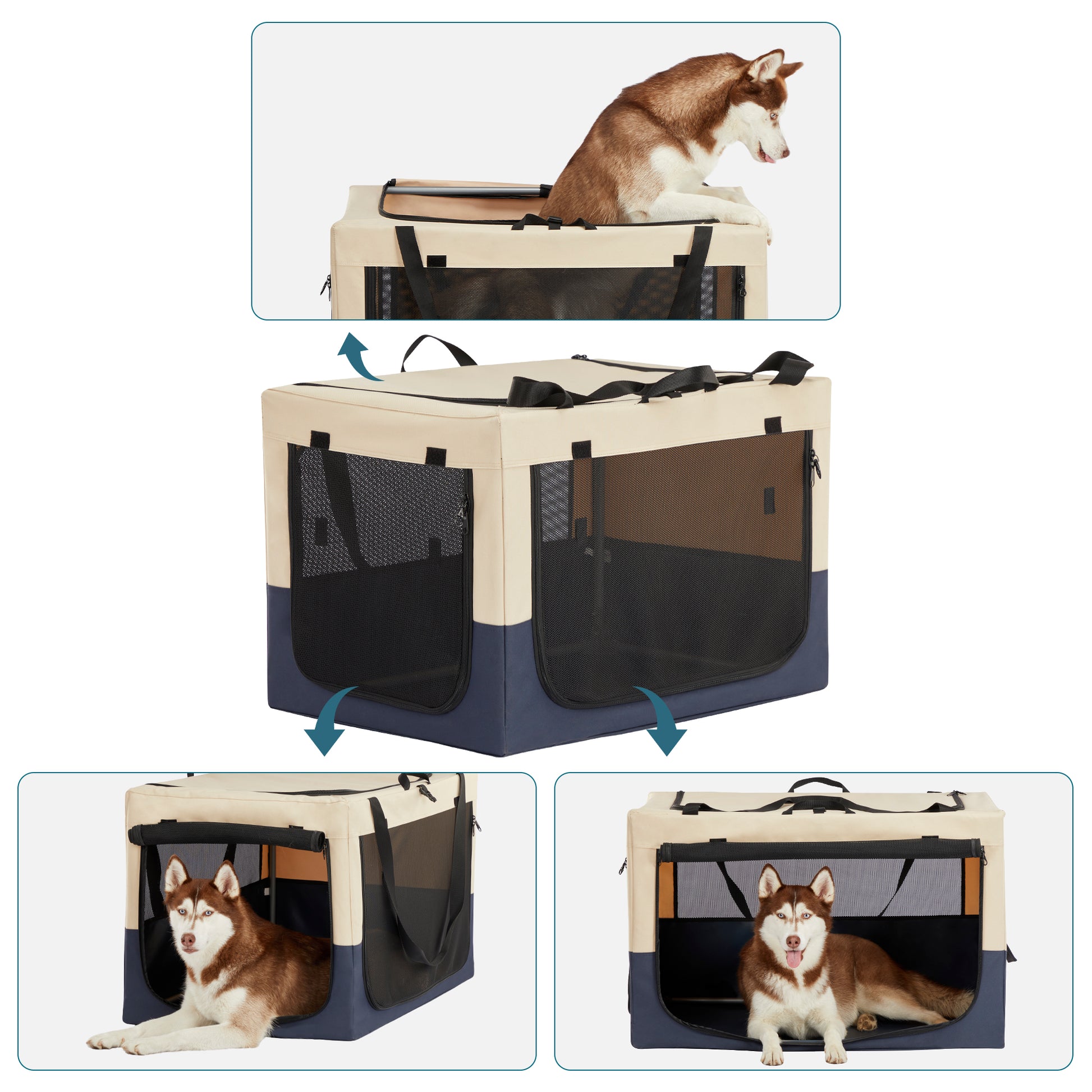 Khaki and navy blue softsided dog crate with mesh ventilation for travel