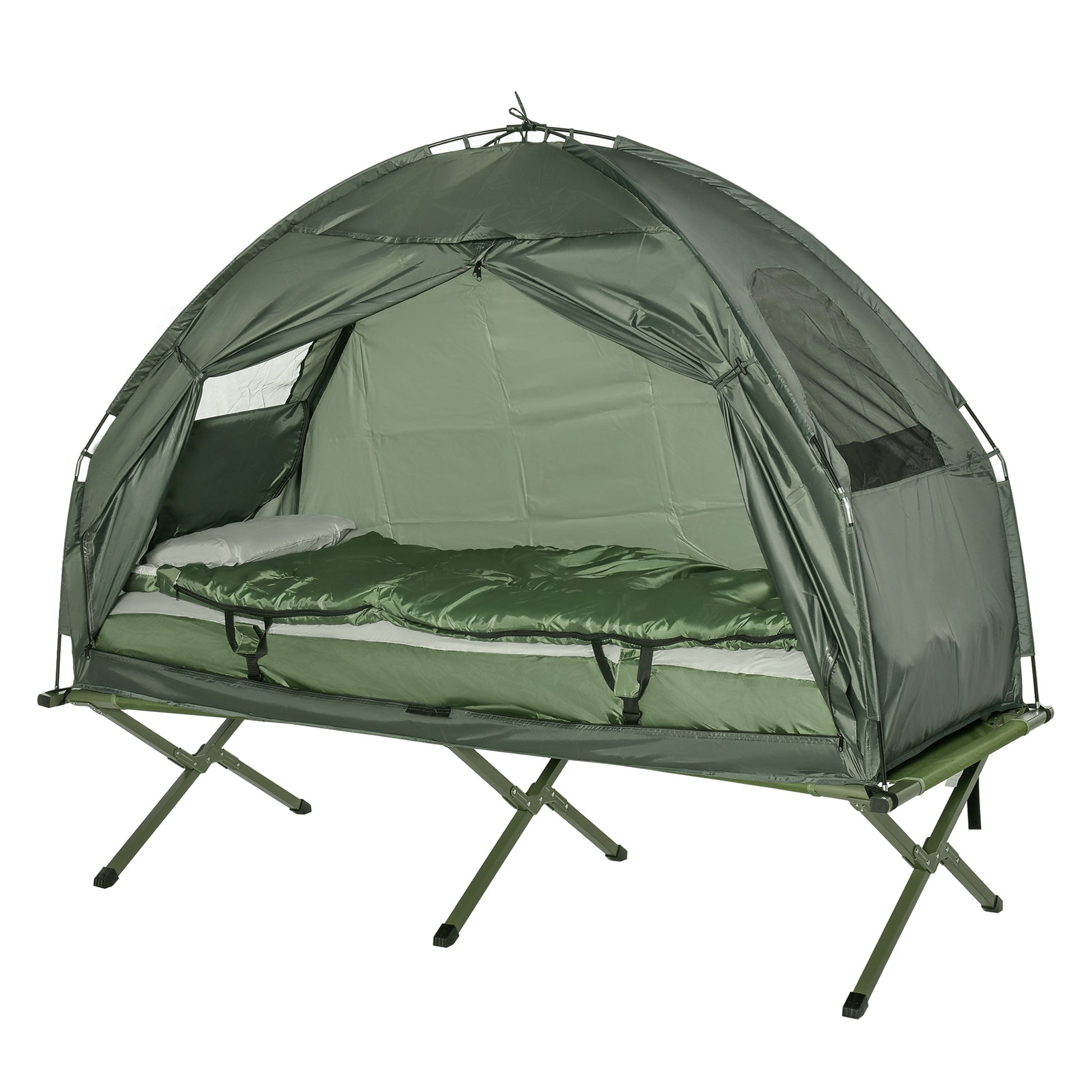 Green elevated camping tent cot with sleeping bag and pillow