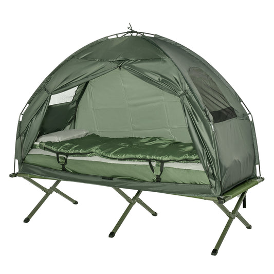 Green elevated camping tent cot with sleeping bag and pillow