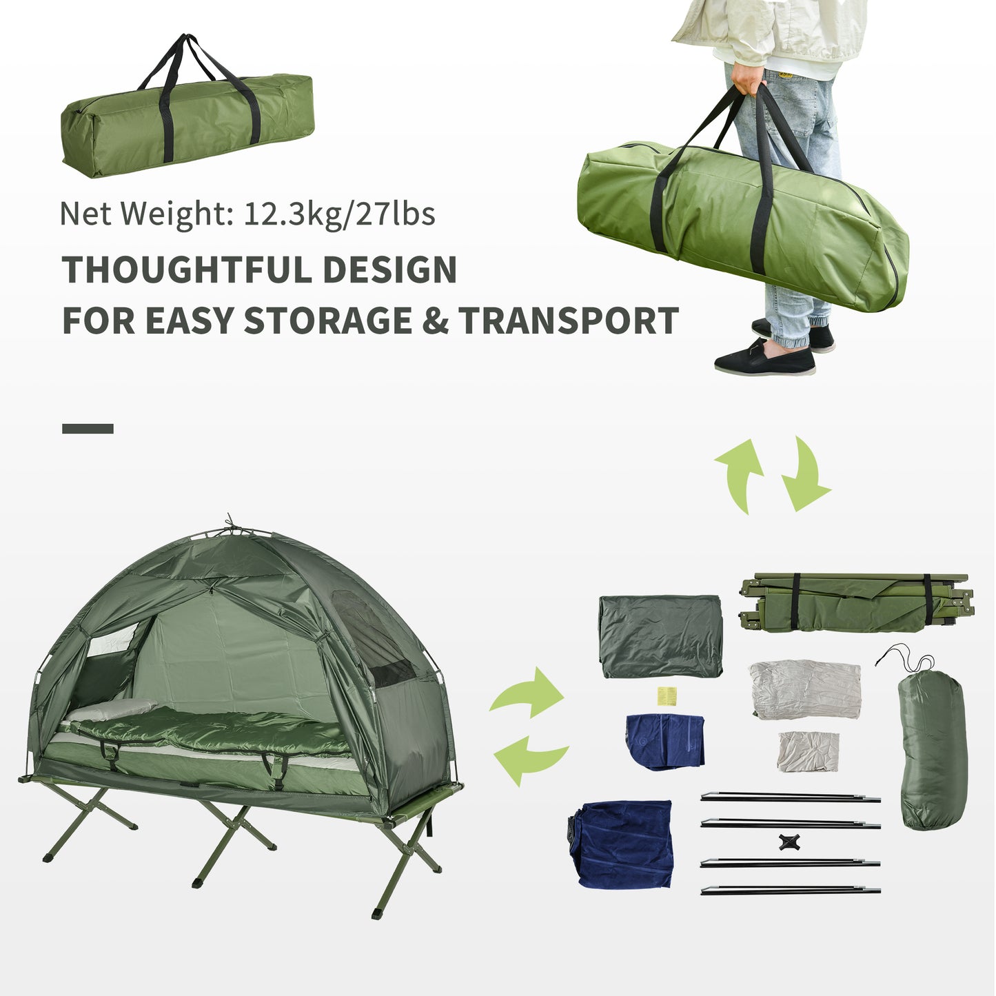 Green camping tent cot with sleeping bag and accessories ideal for outdoor adventures