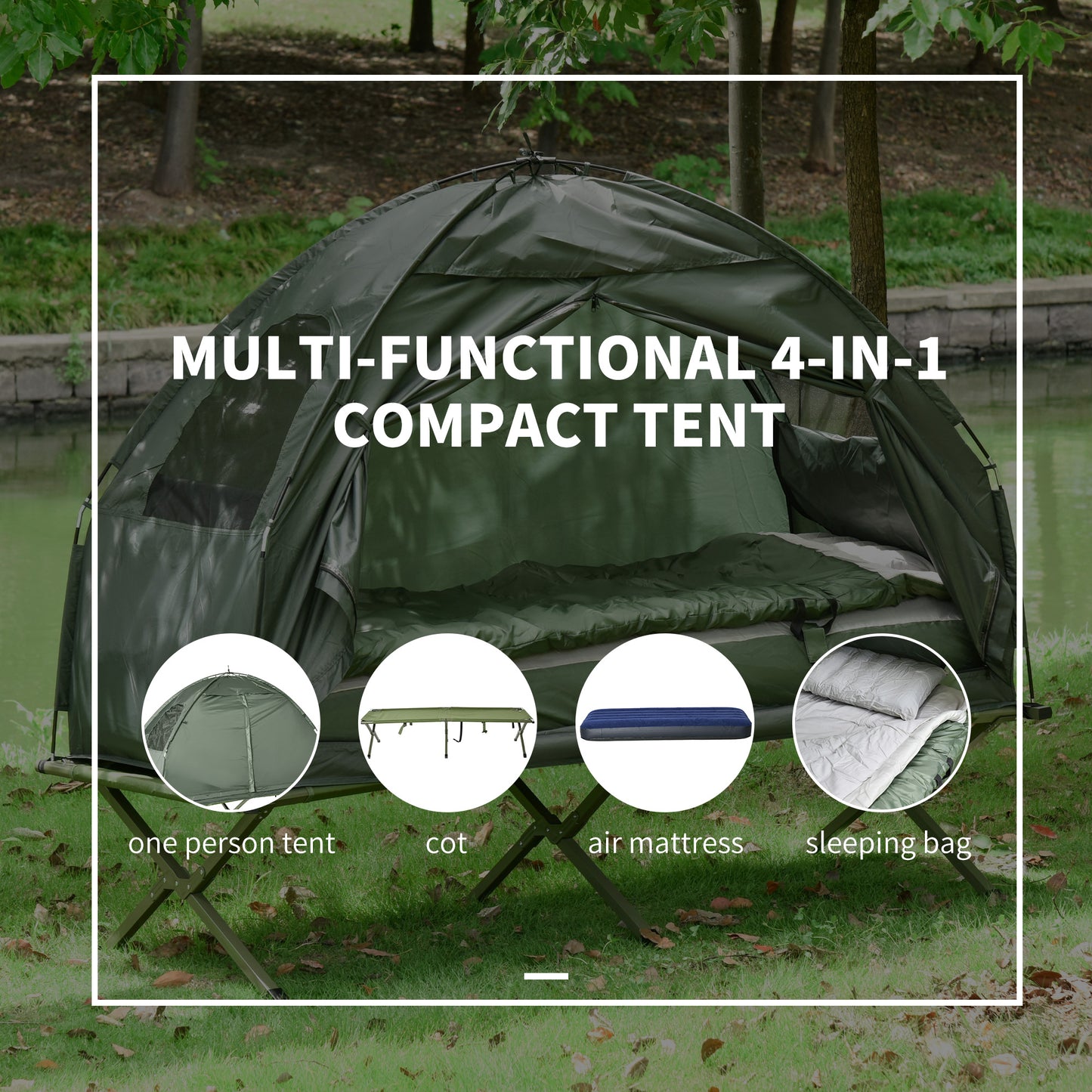 Dark green in compact camping tent set up outdoors with cot air mattress and sleeping bag