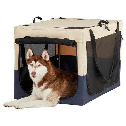 Beige and navy blue collapsible dog crate with mesh ventilation windows a husky resting inside