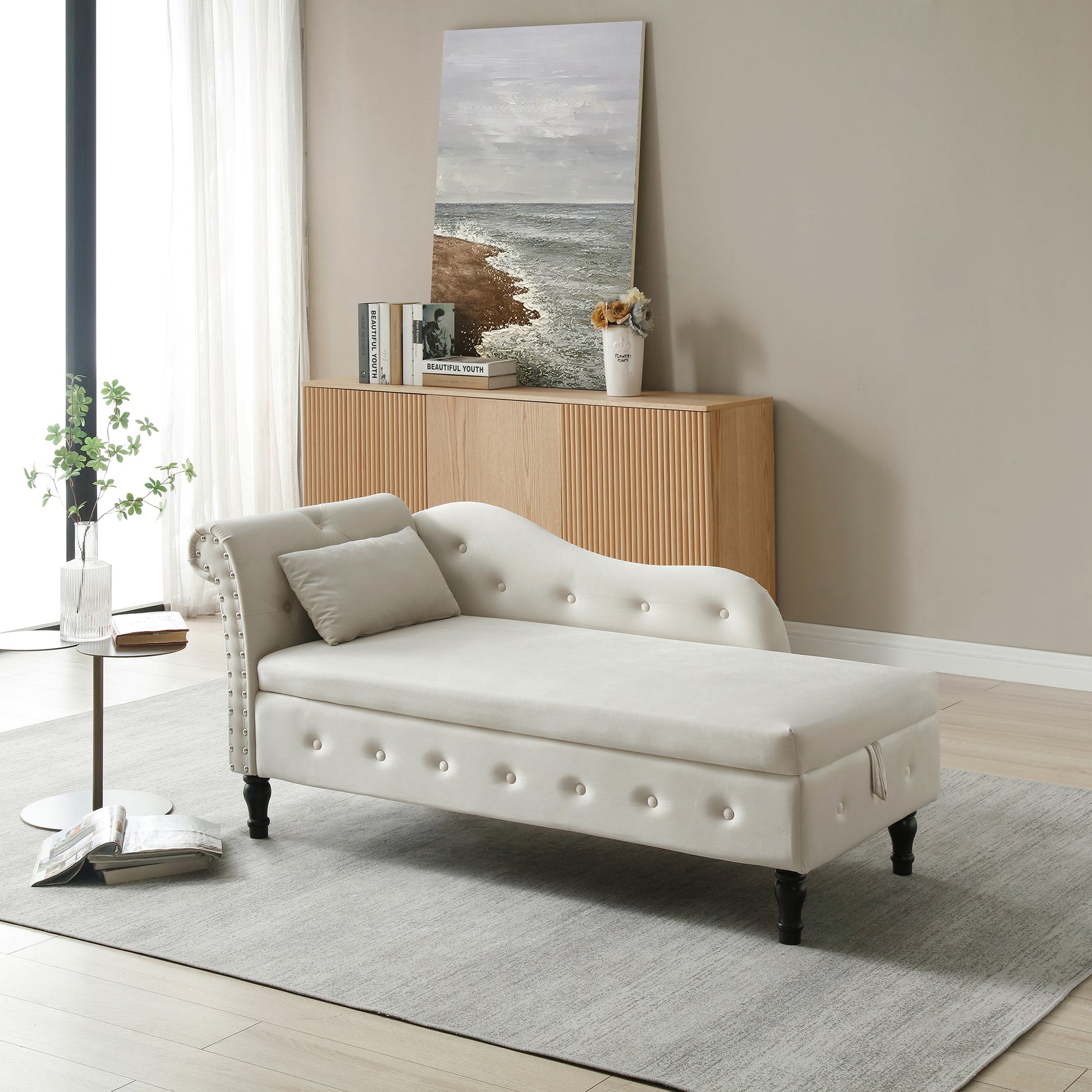 Cream velvet chaise lounge with tufted detailing and silver nailhead trim  characters