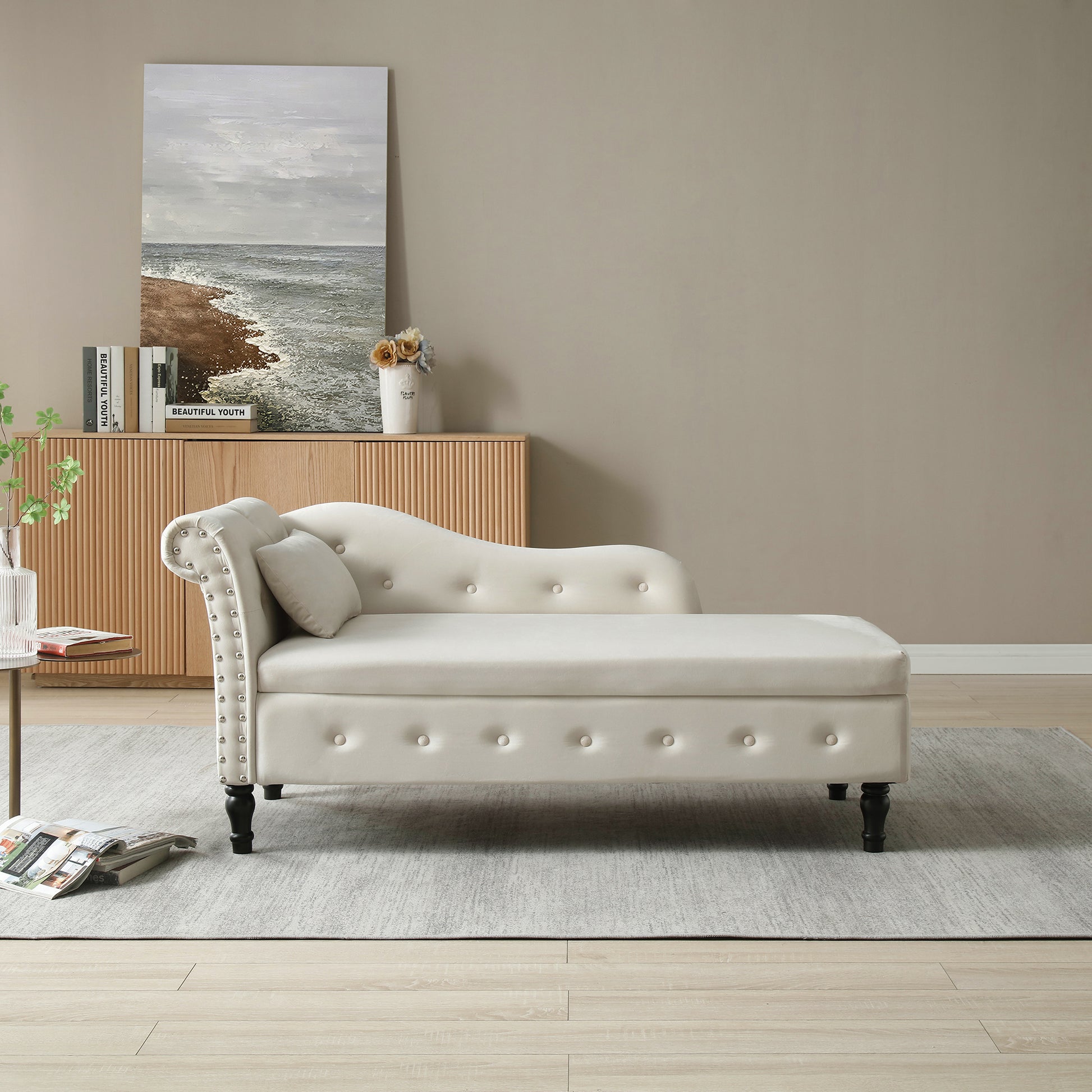 Cream velvet chaise lounge with tufted details and silver nailhead trim