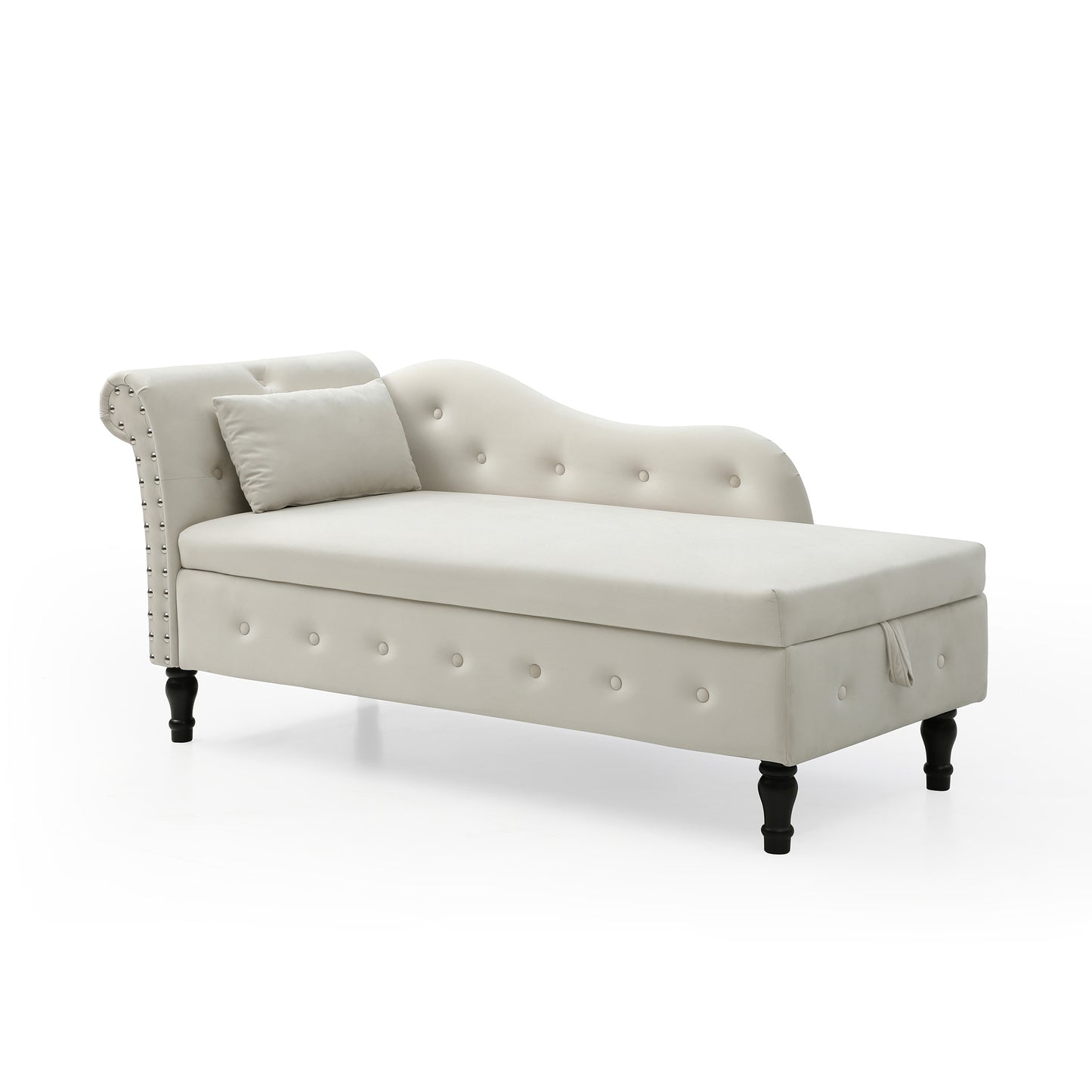 Elegant cream velvet chaise lounge with tufted detailing and silver nailhead trim