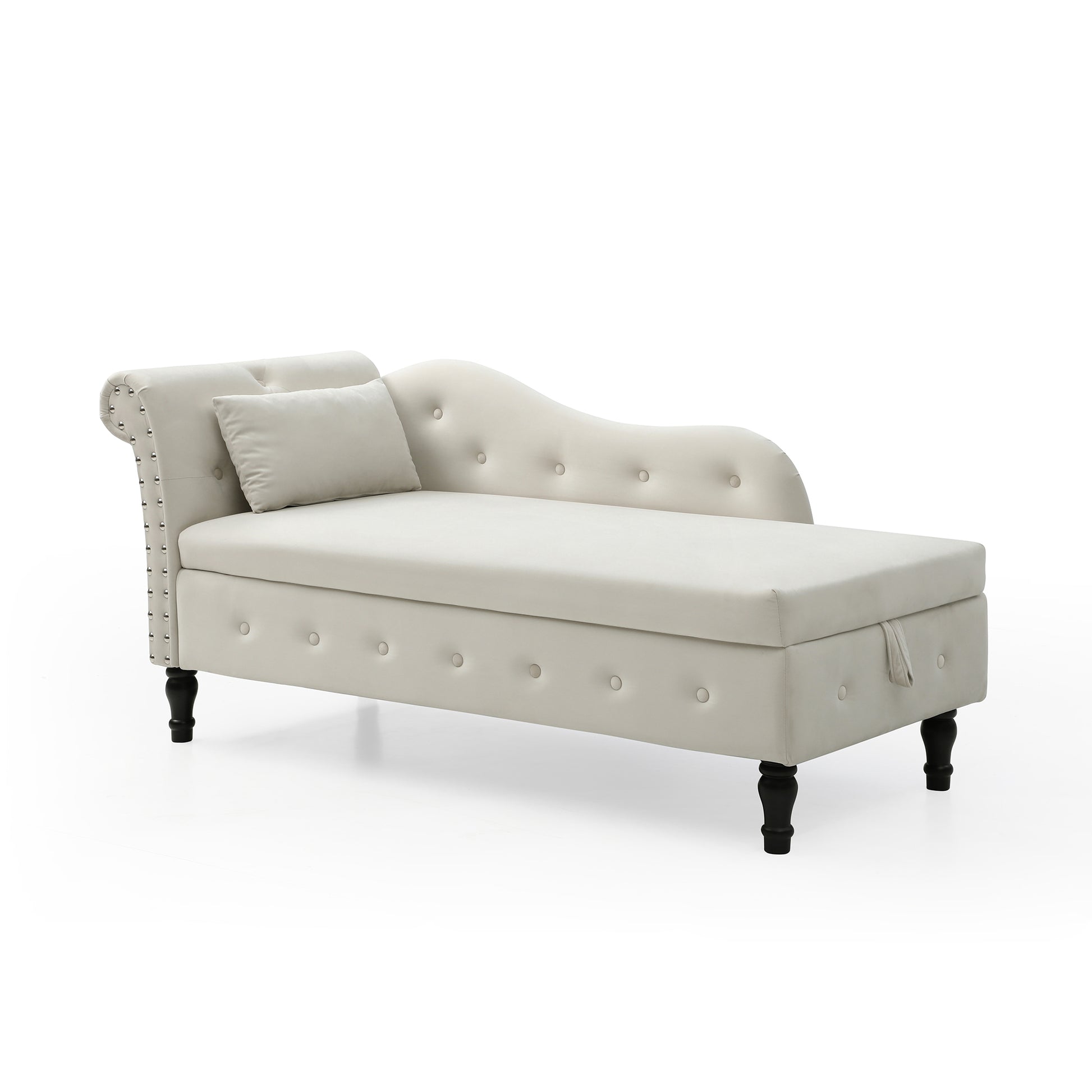 Elegant cream velvet chaise lounge with tufted detailing and silver nailhead trim