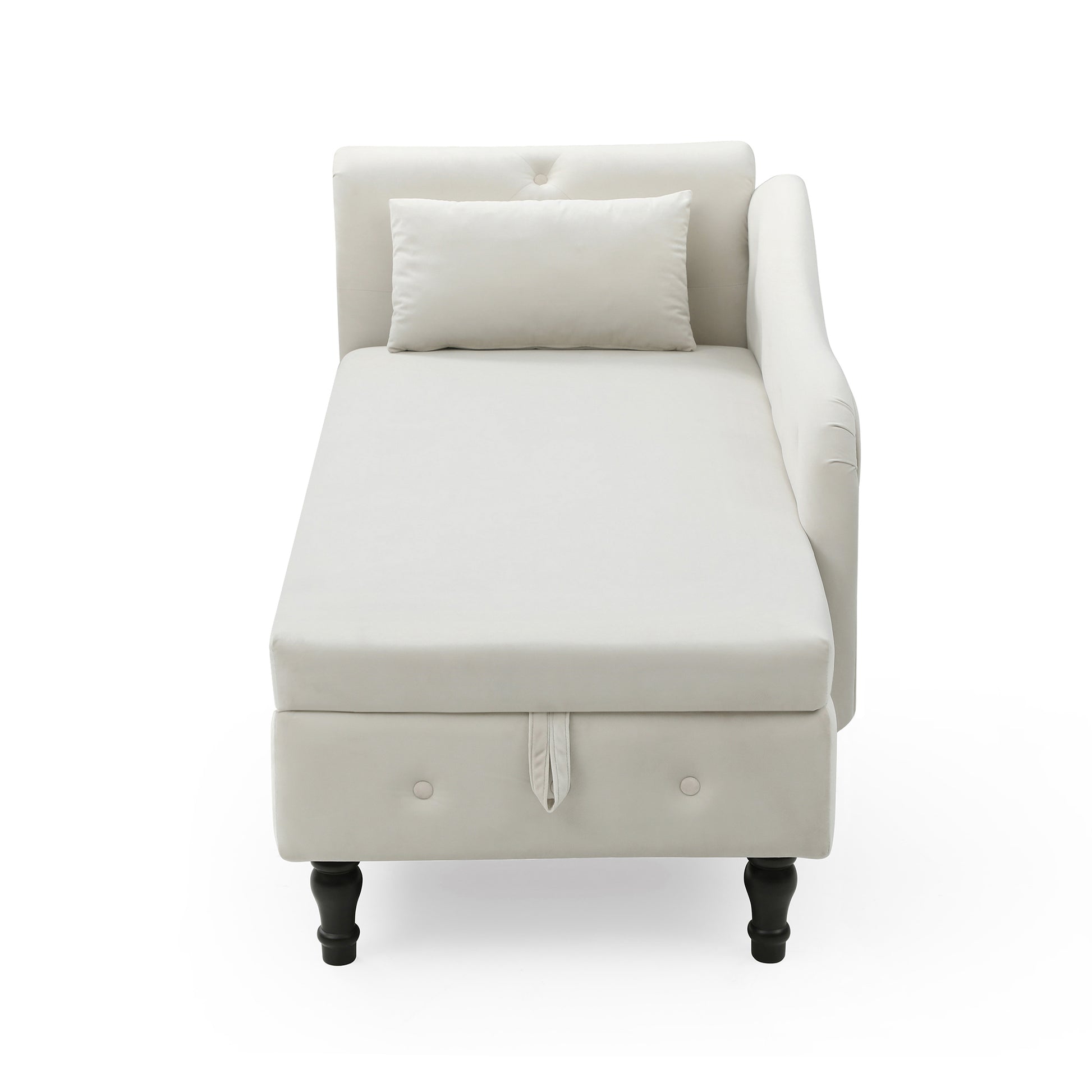 Tufted cream velvet chaise lounge with storage and button accents perfect for a living room