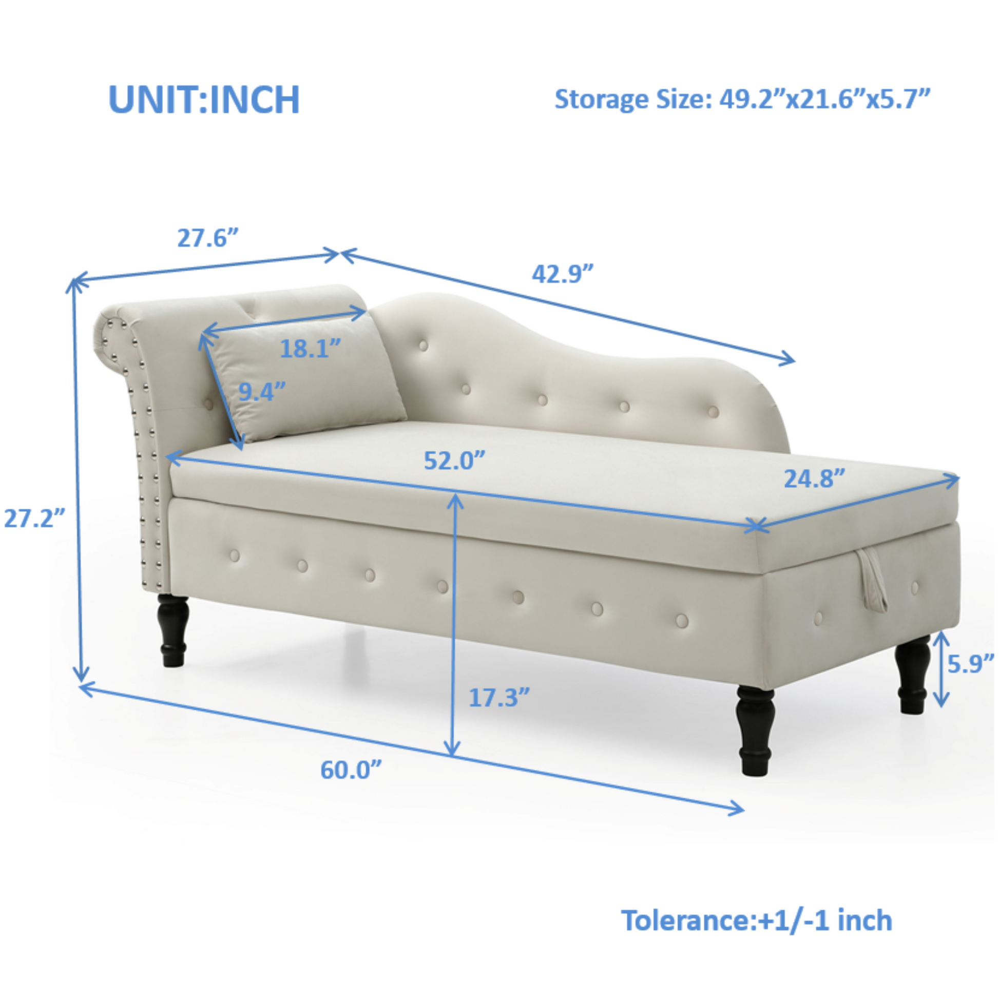 Cream velvet chaise lounge with tufted details and decorative nailhead trim