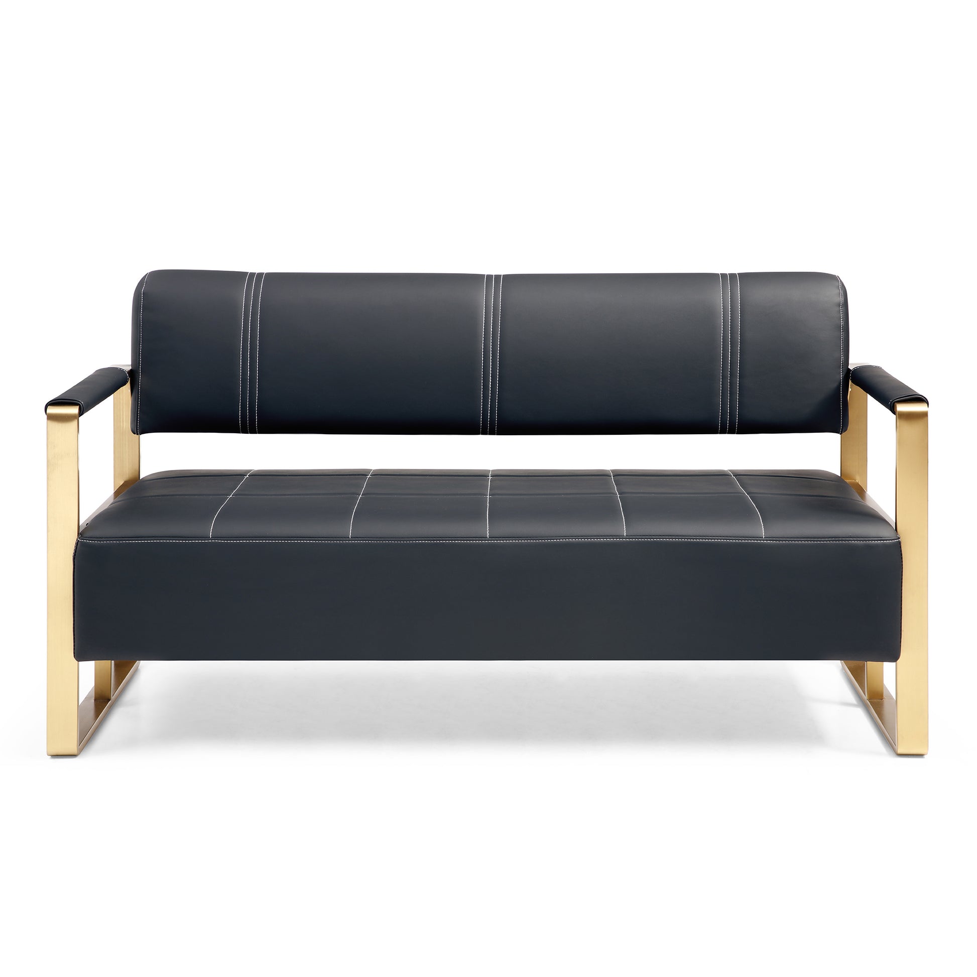 Sleek dark gray leather loveseat with white stitching and gold metal legs
