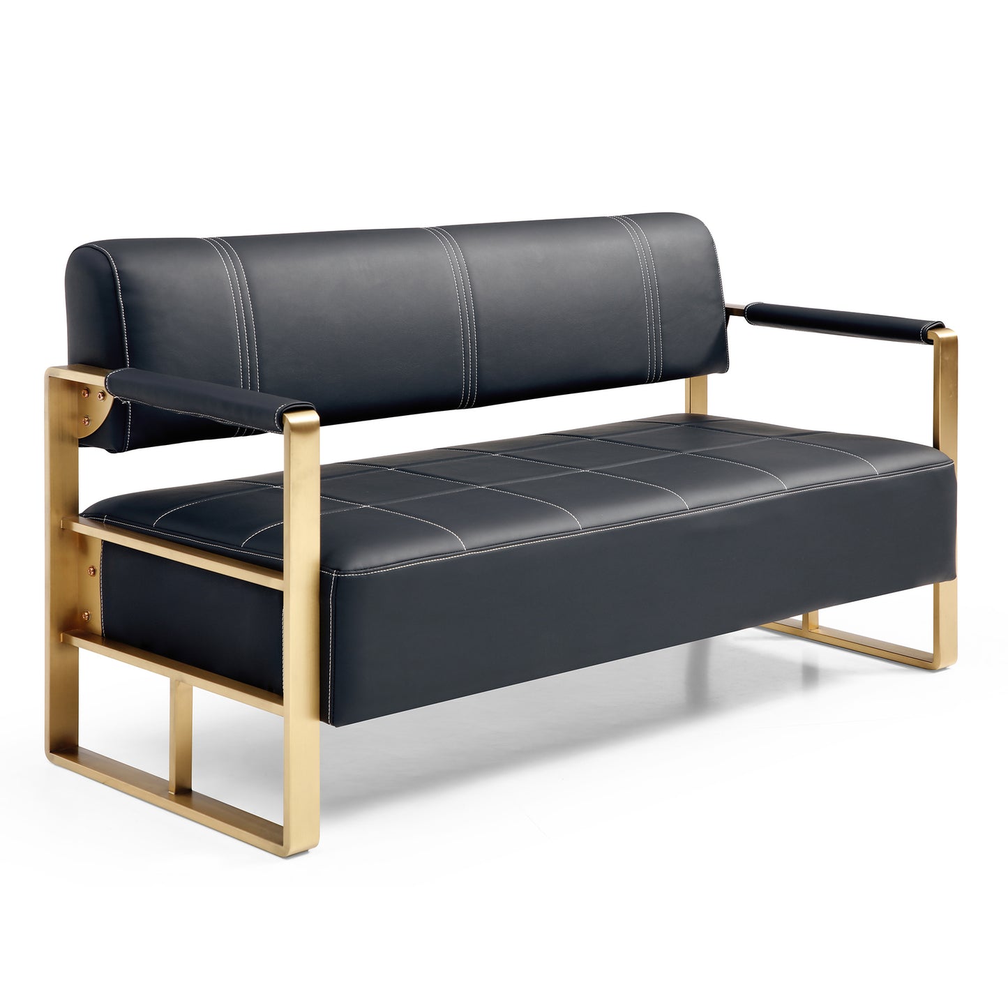 Black leather loveseat with gold frame and white stitching details
