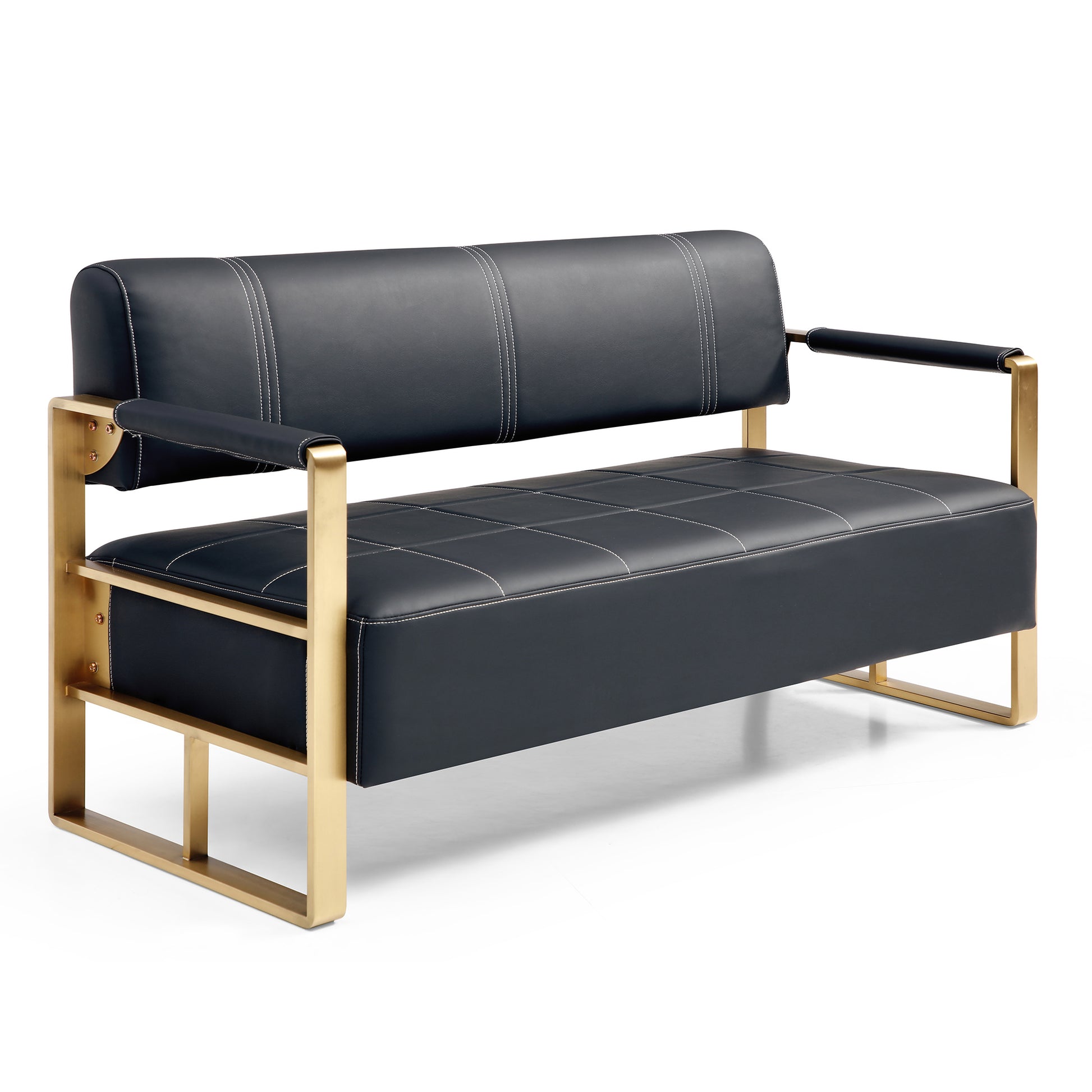 Black leather loveseat with gold frame and white stitching details