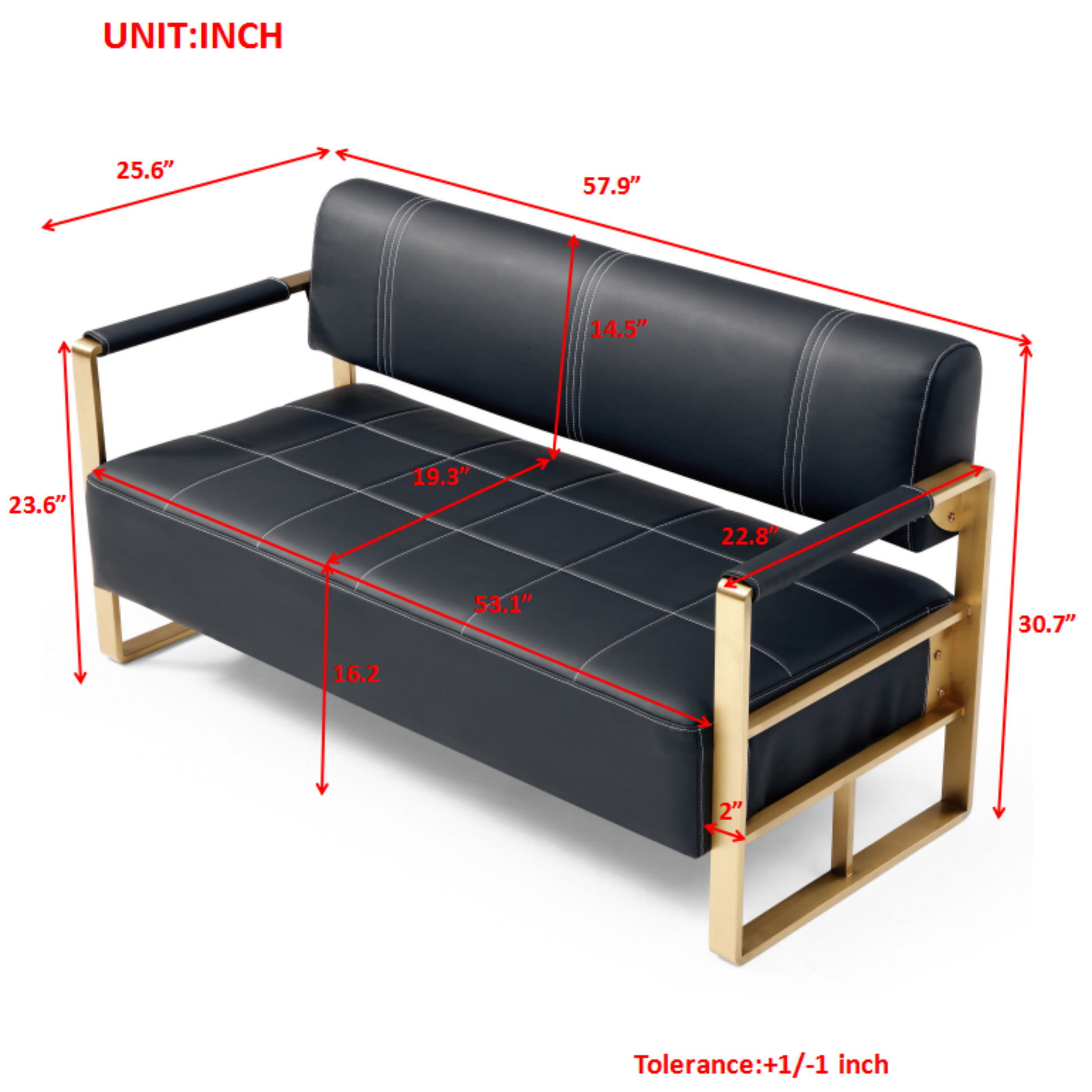 Modern black faux leather loveseat with gold metal frame and stitched detailing