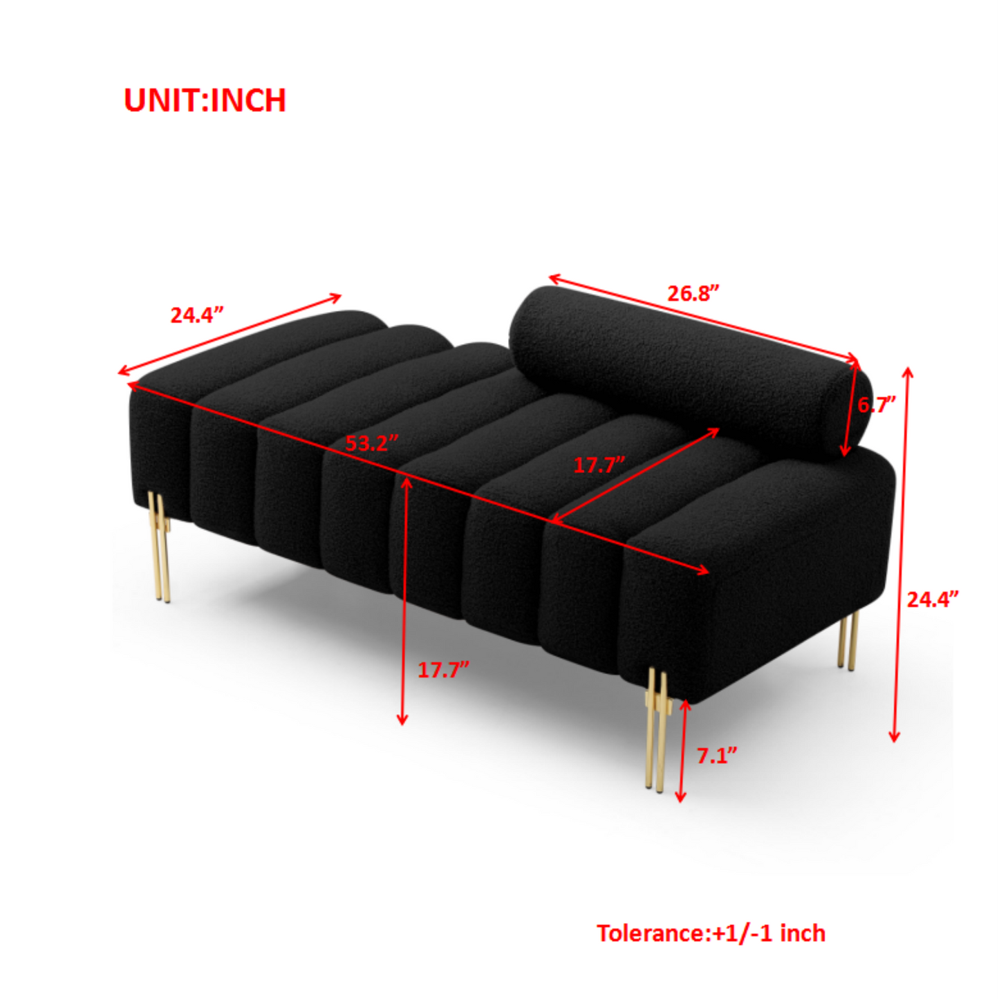 Black boucle tufted chaise lounge with gold metal legs stylish modern accent furniture