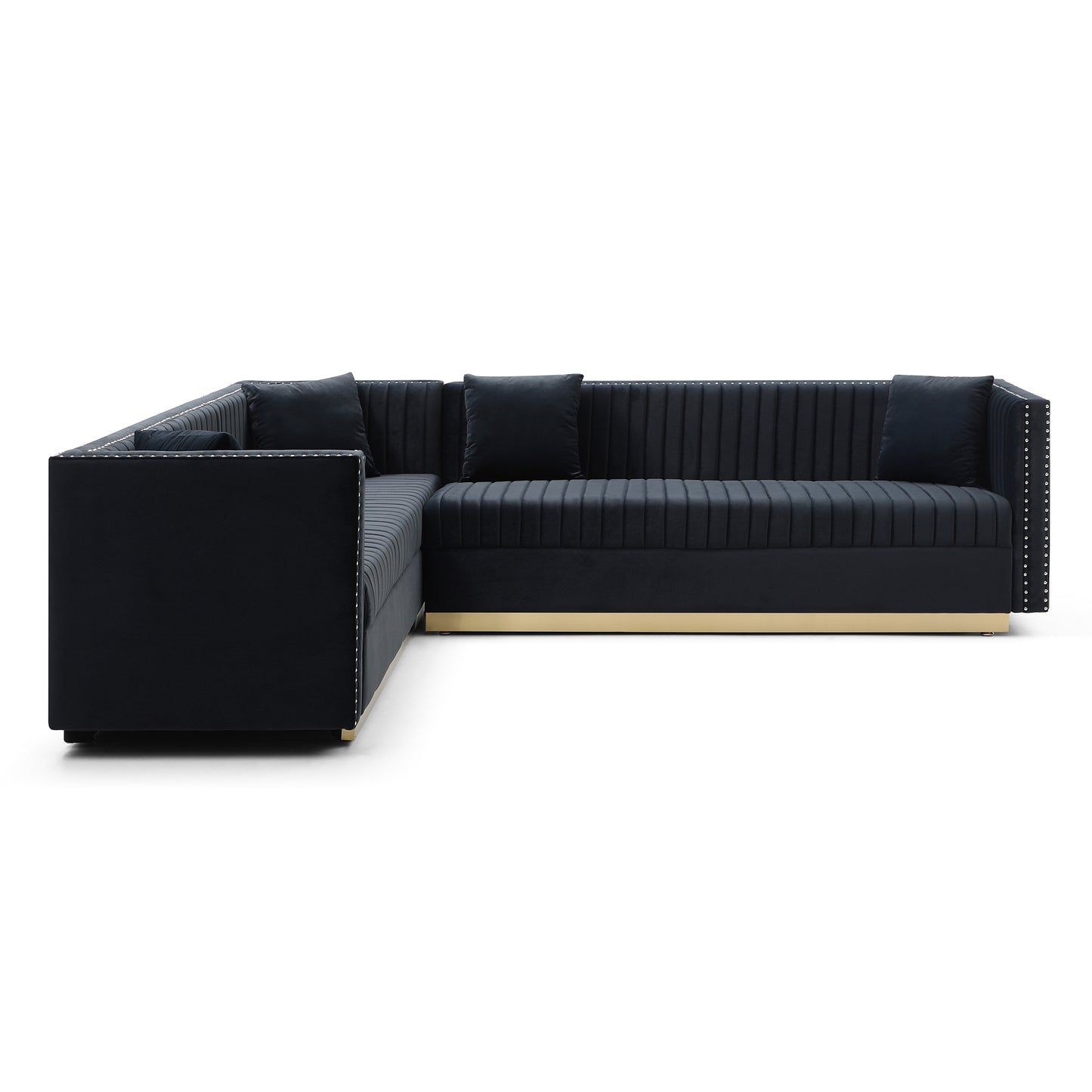 Black velvet sectional sofa with gold trim and nailhead accents