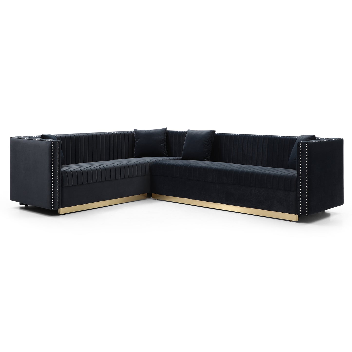 Dark velvet Lshaped sectional sofa with gold trim and silver nailhead accents