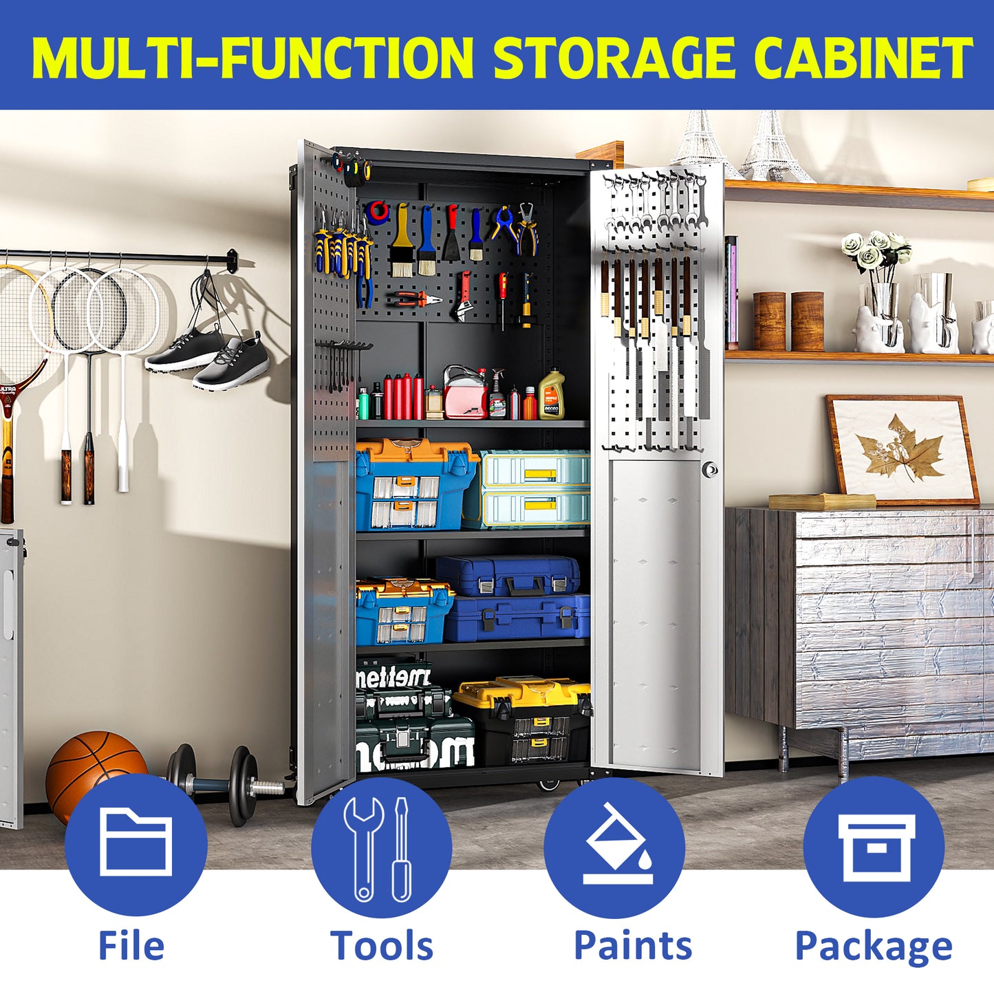 Gray metal multifunction storage cabinet filled with tools boxes and sports equipment