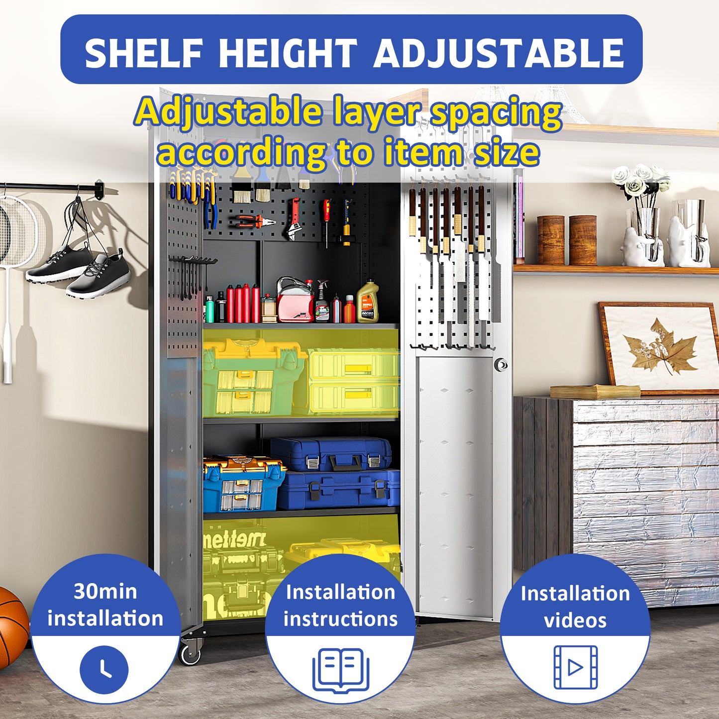 Gray metal storage cabinet with adjustable shelves displaying various tools and storage bins