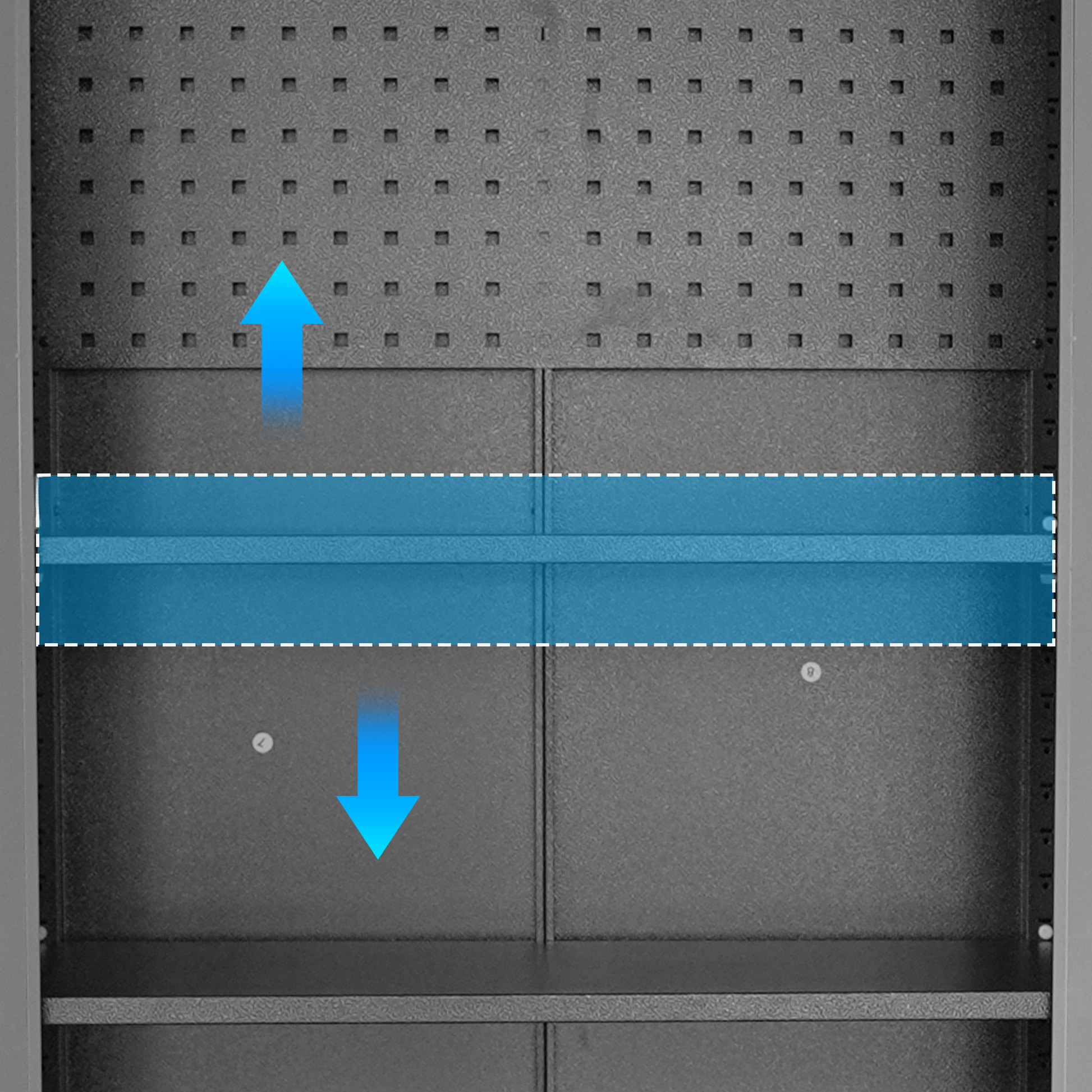 Metal garage cabinet with adjustable shelf highlighted by a blue overlay showing storage flexibility