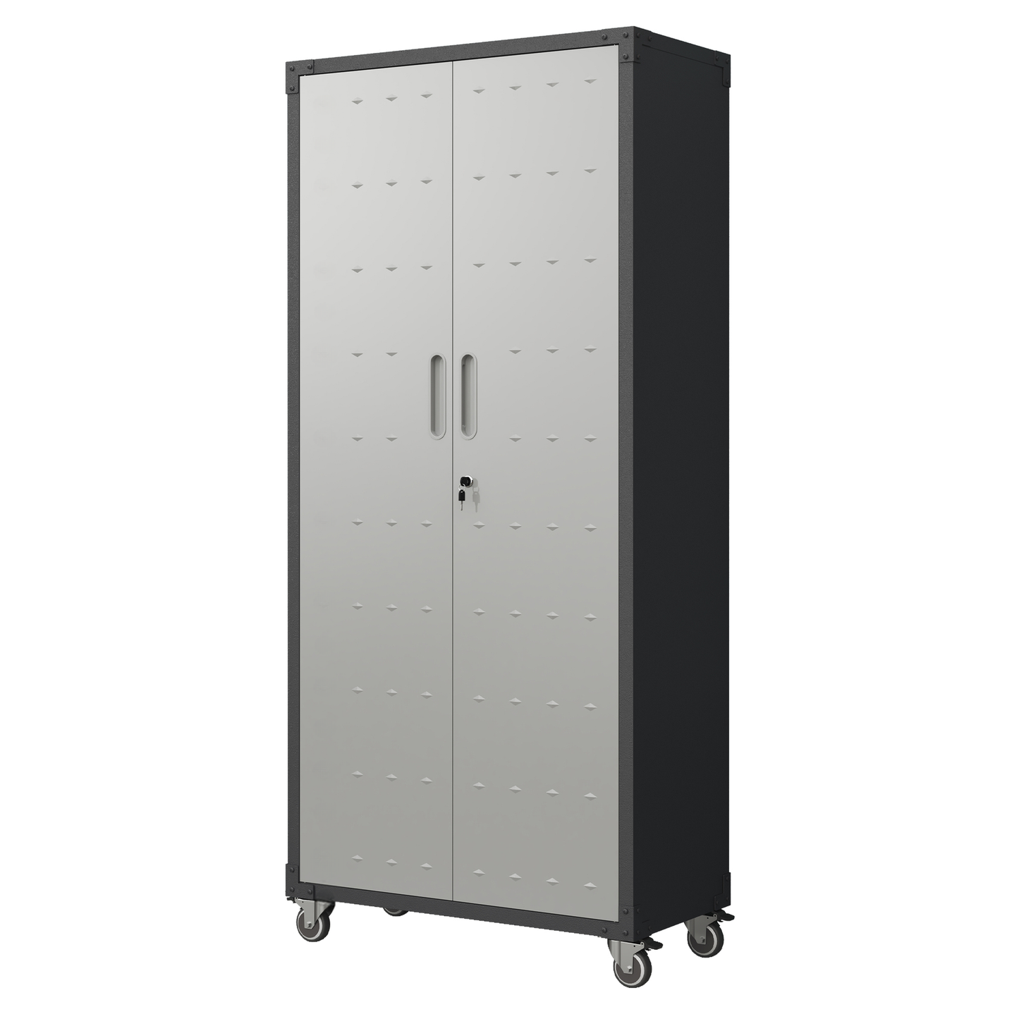 Gray metal storage cabinet with two doors recessed handles key lock and casters
