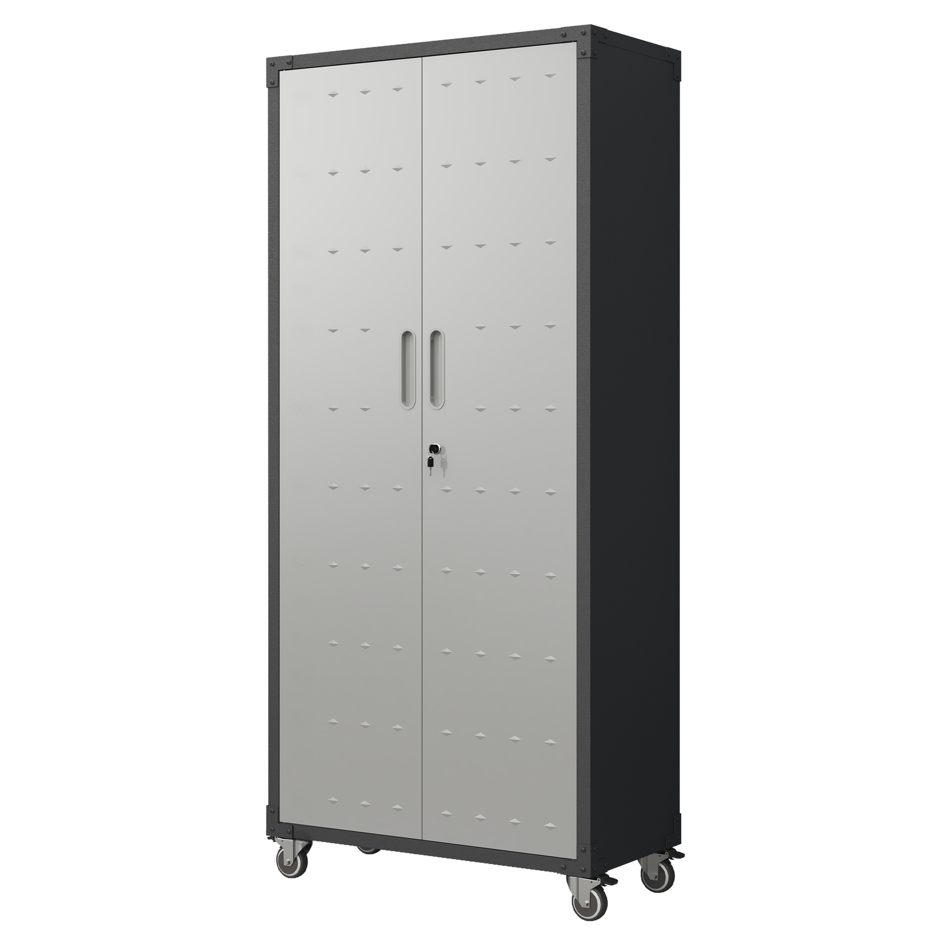 Gray metal storage cabinet with two doors recessed handles key lock and casters