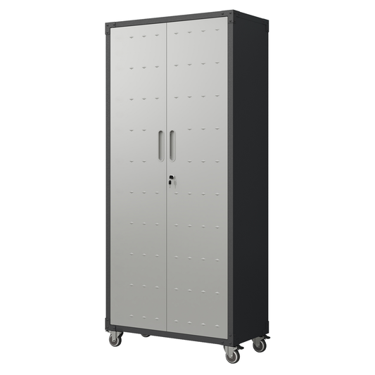 Gray metal storage cabinet with two doors recessed handles key lock and casters