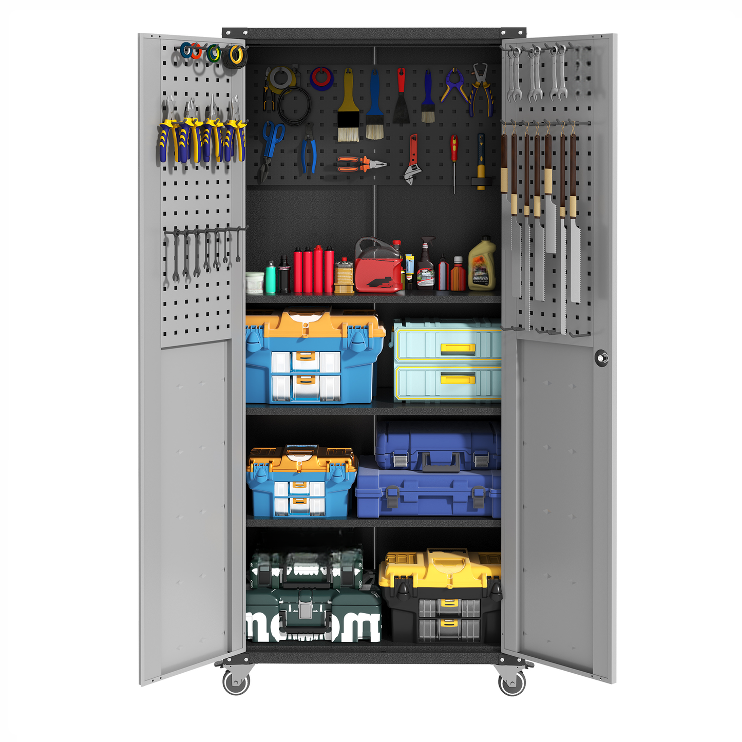 Grey metal tool cabinet stocked with assorted tools and storage bins