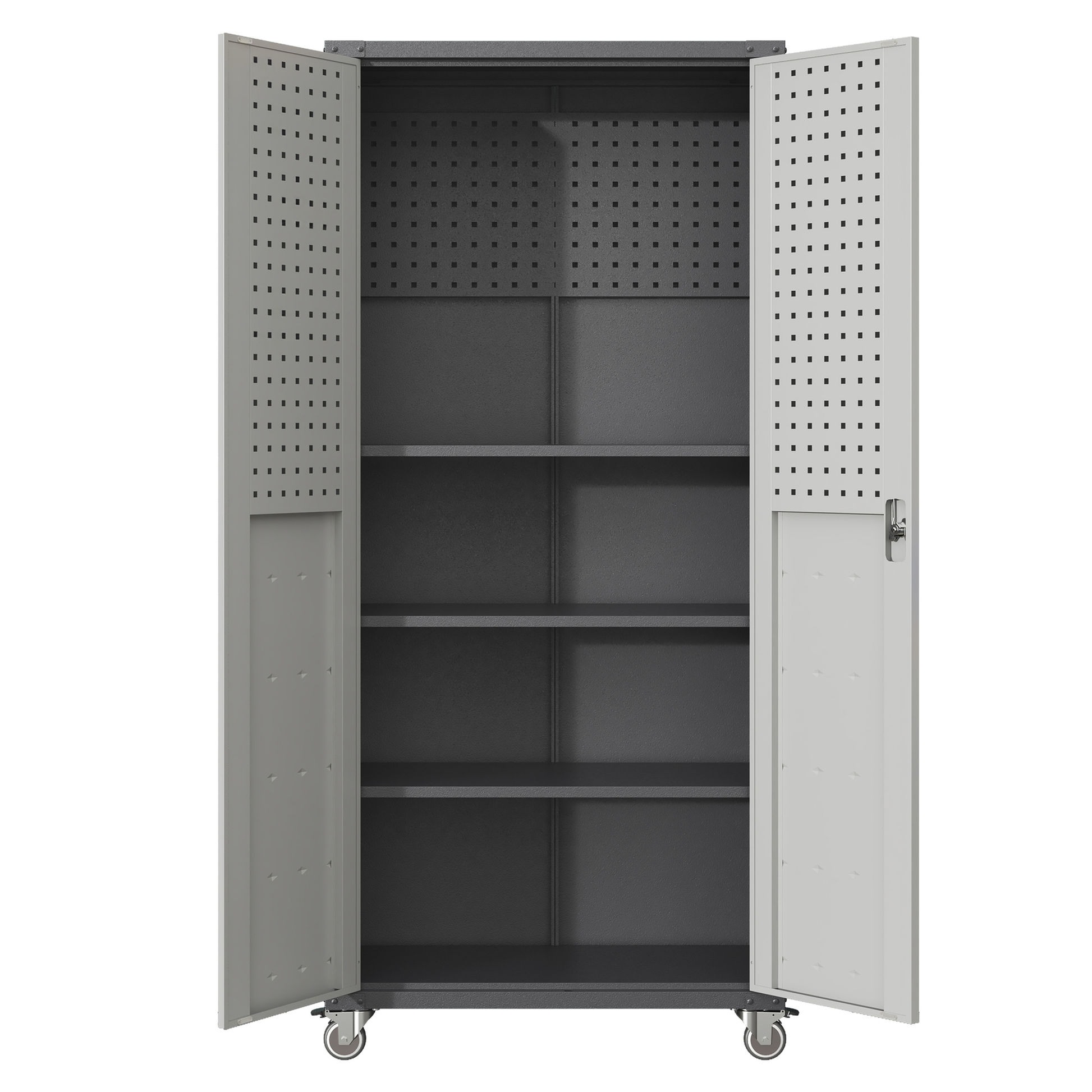 Gray metal storage cabinet with perforated doors and four shelves ideal for garages
