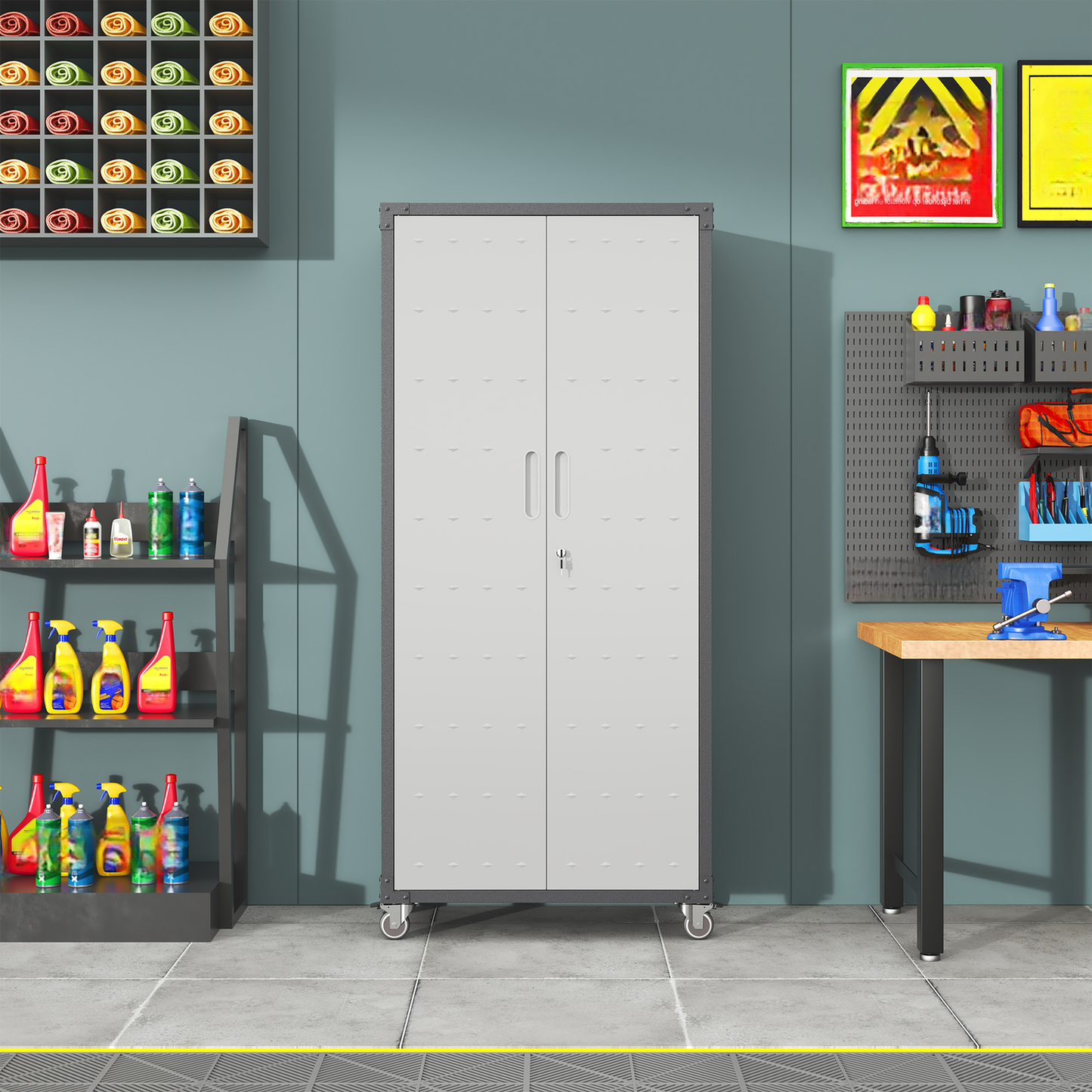 Gray metal garage cabinet with two doors and wheels for storage