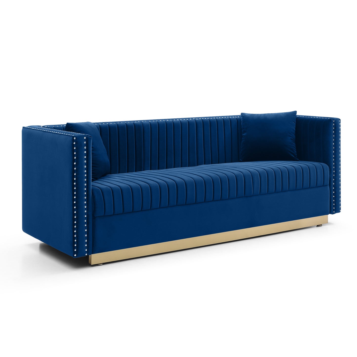 Deep blue velvet sofa with gold base and silver nailhead trim channeling midcentury modern style