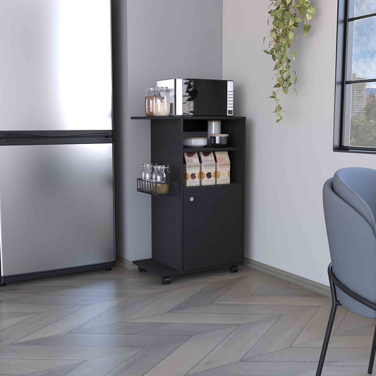 Black kitchen cart with microwave and coffee bags