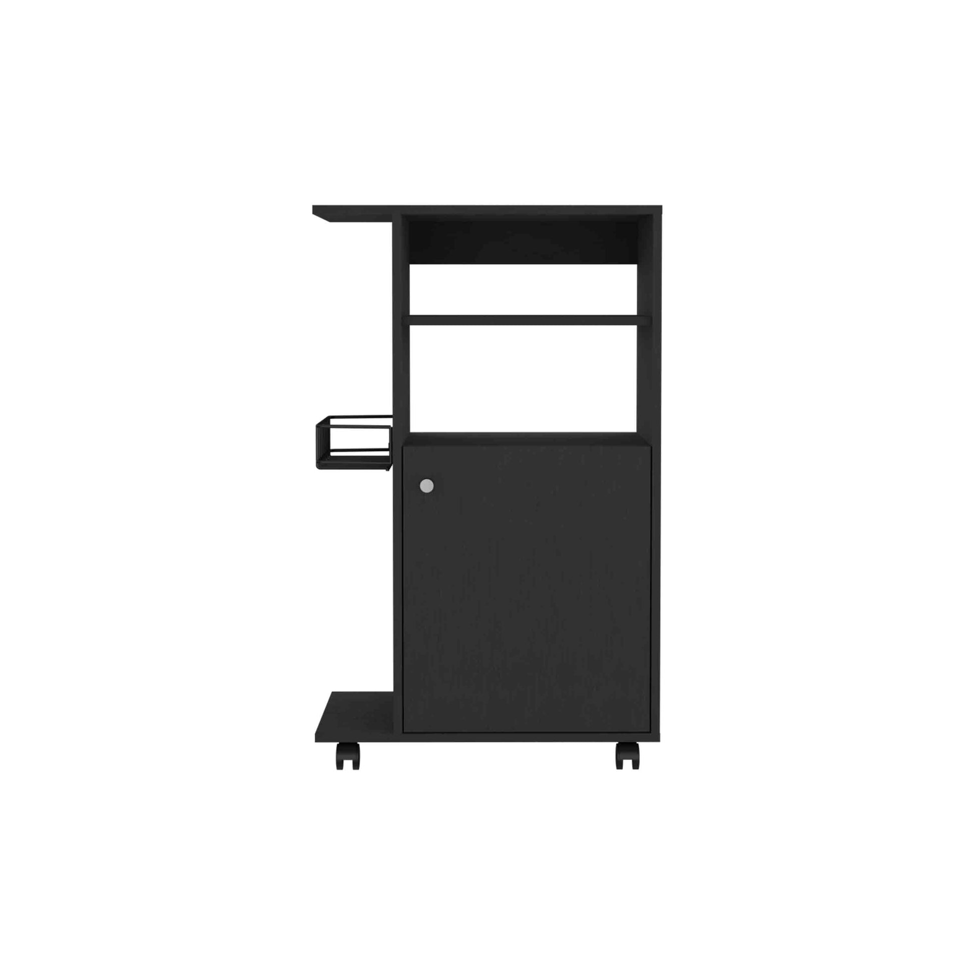 Black rolling bar cart with open shelves and a cabinet door
