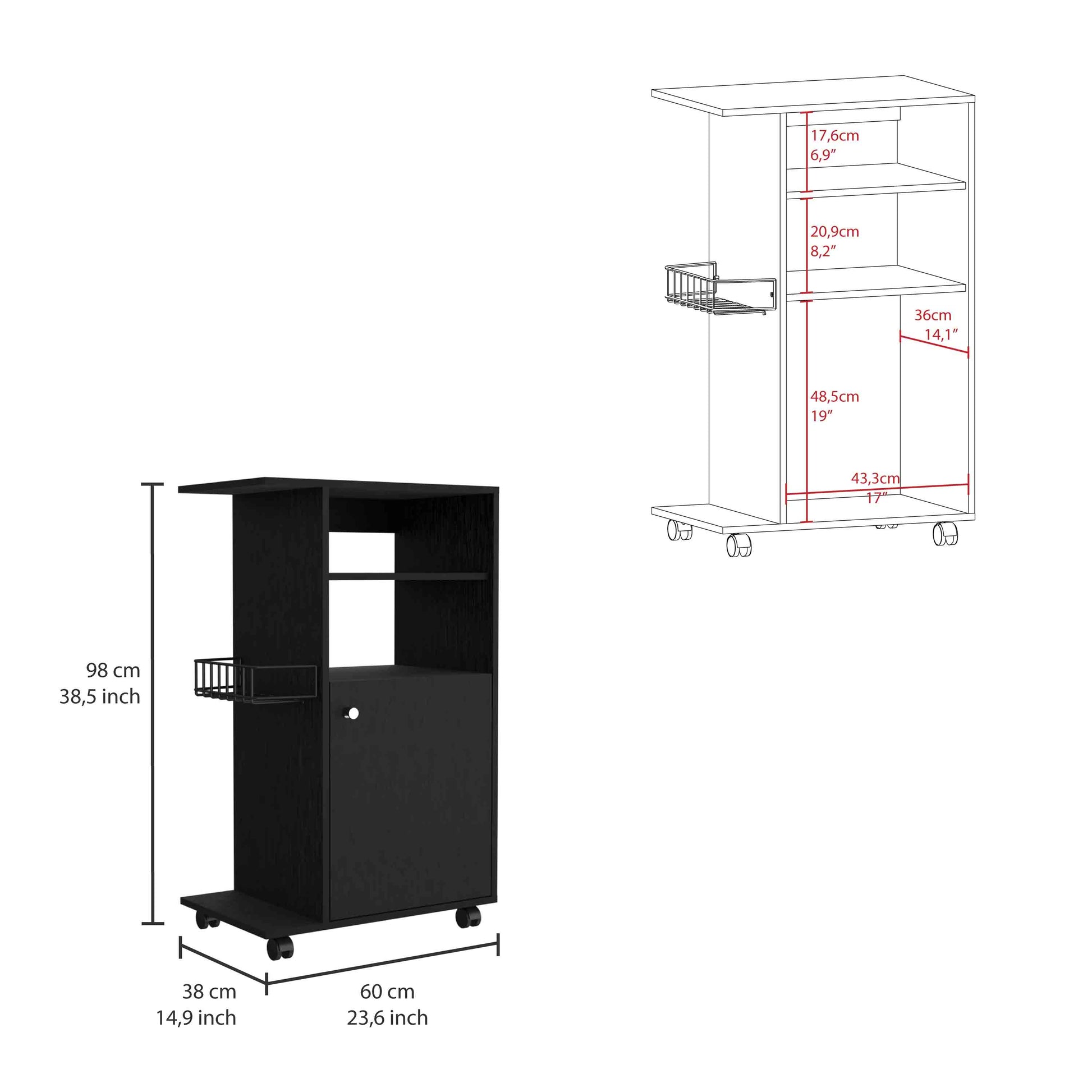 Black rolling bar cart with two shelves and storage cabinet