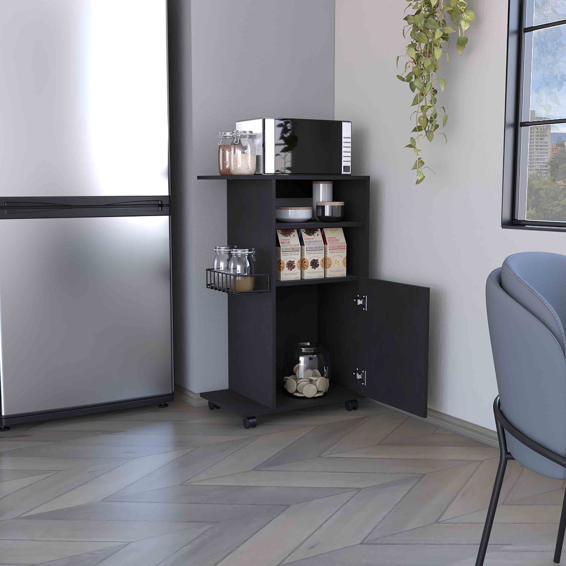 Compact black kitchen cart with microwave and pantry storage