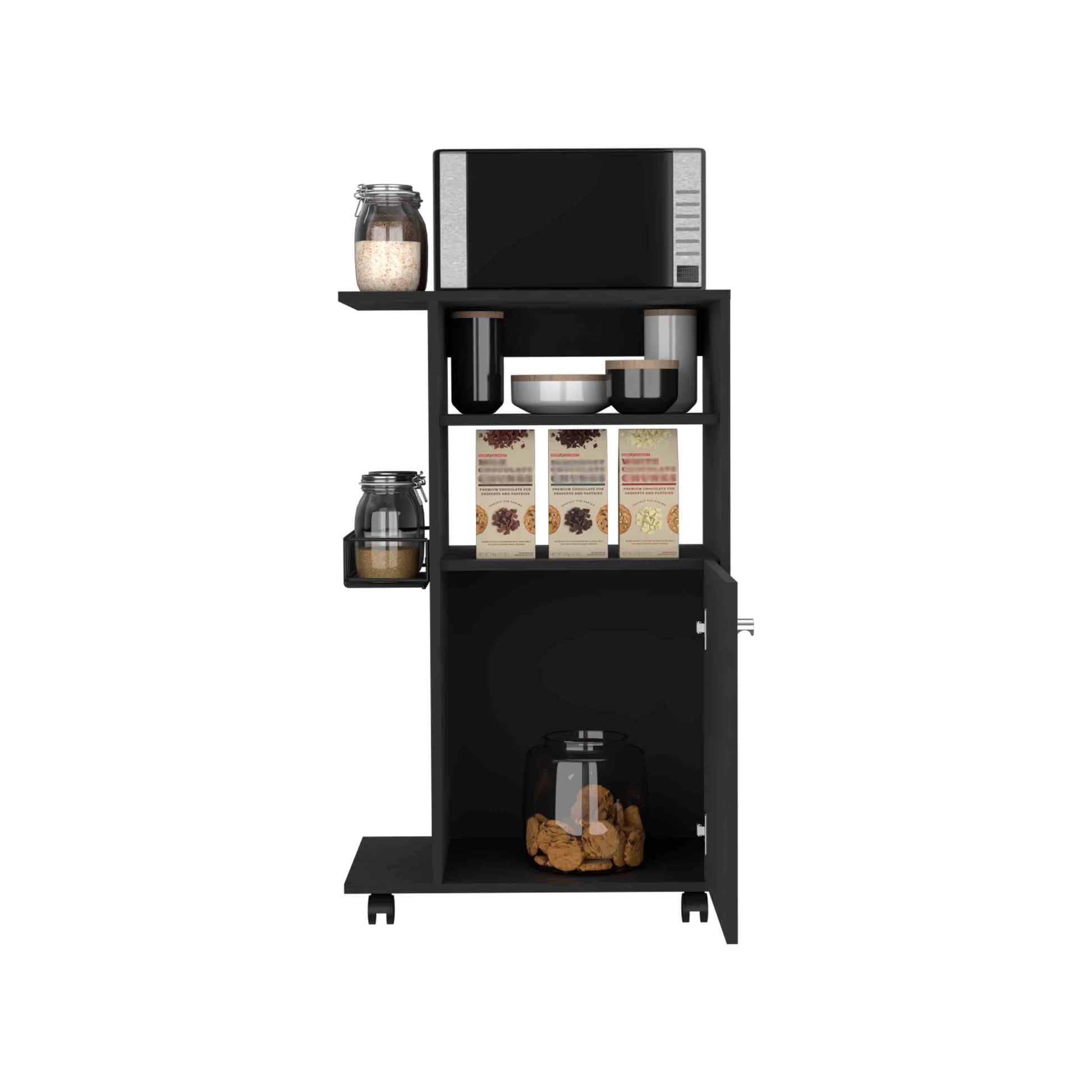 Black microwave oven on a rolling kitchen cart with storage