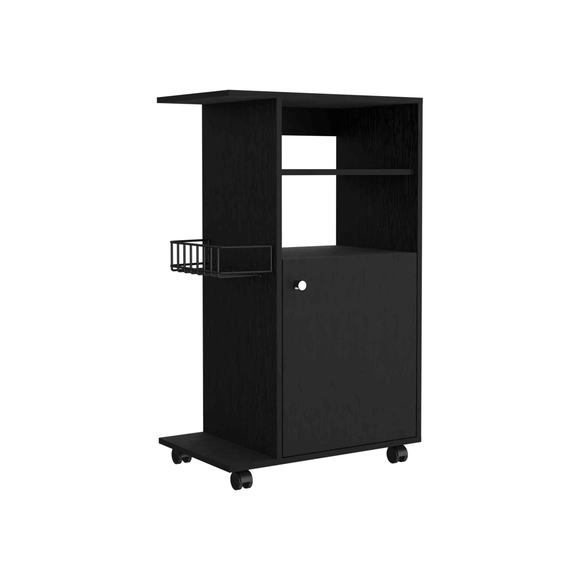 Black rolling kitchen cart with shelf and storage cabinet